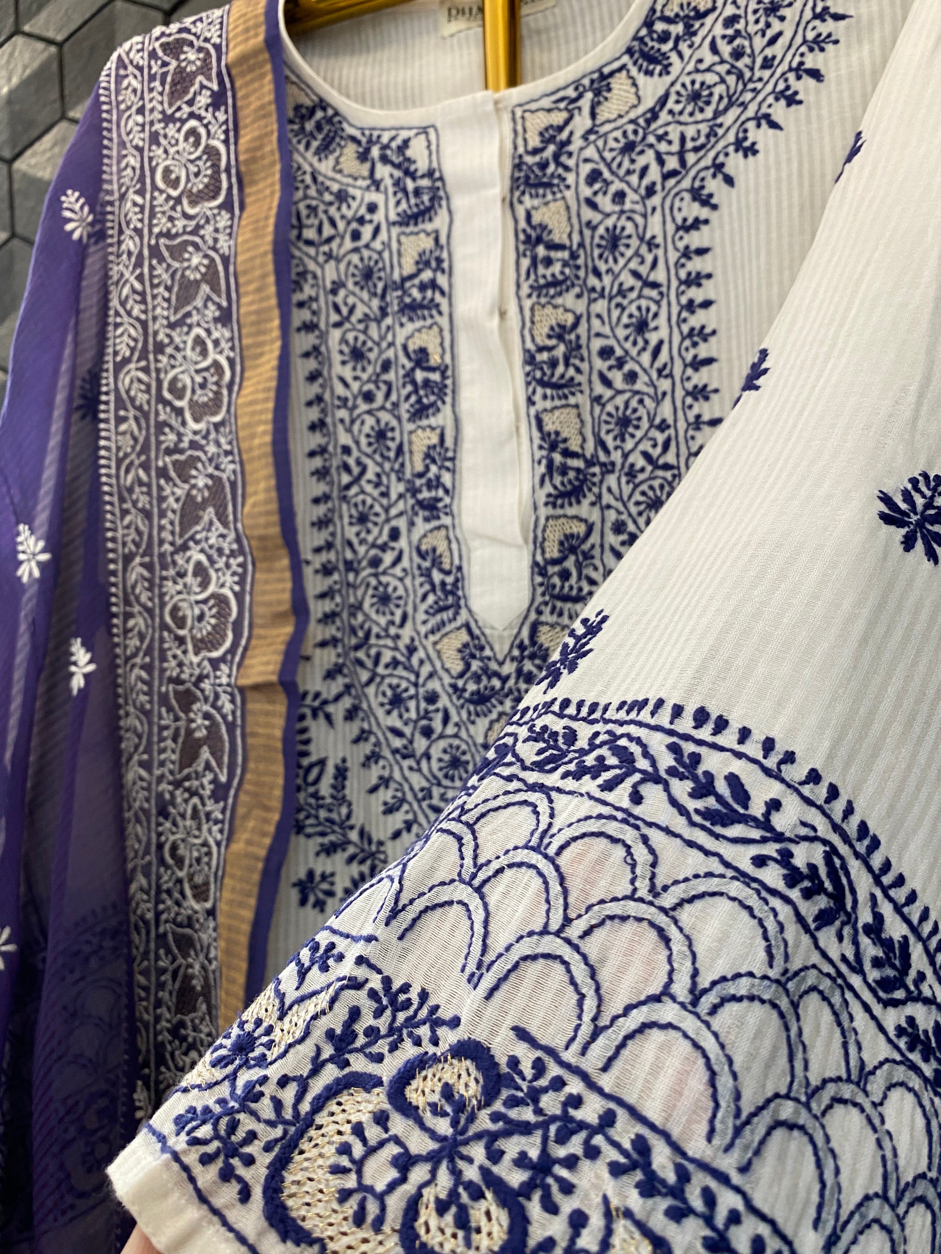 White & Blue Maheshwari Chikankari Kurta Set