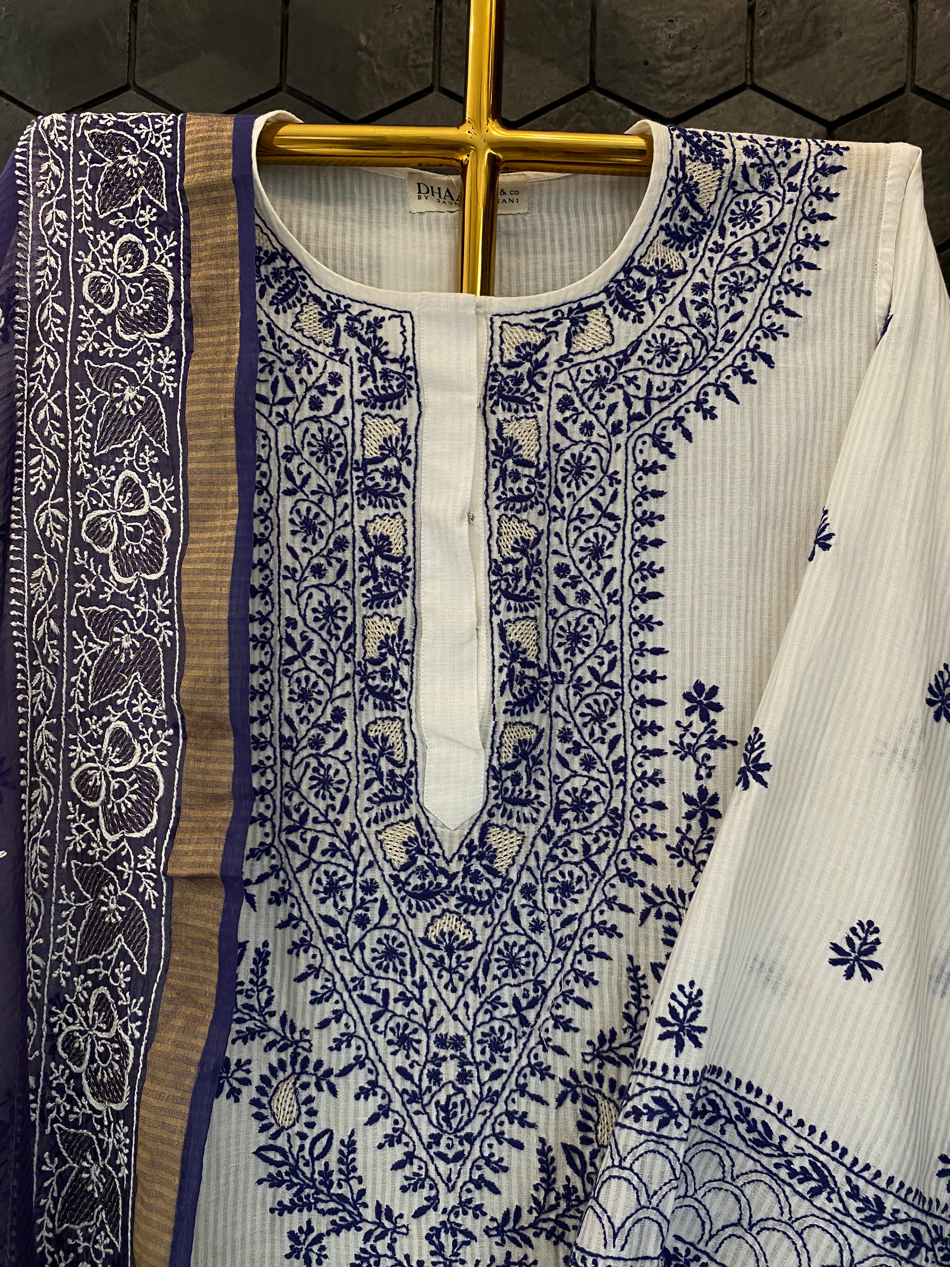 White & Blue Maheshwari Chikankari Kurta Set