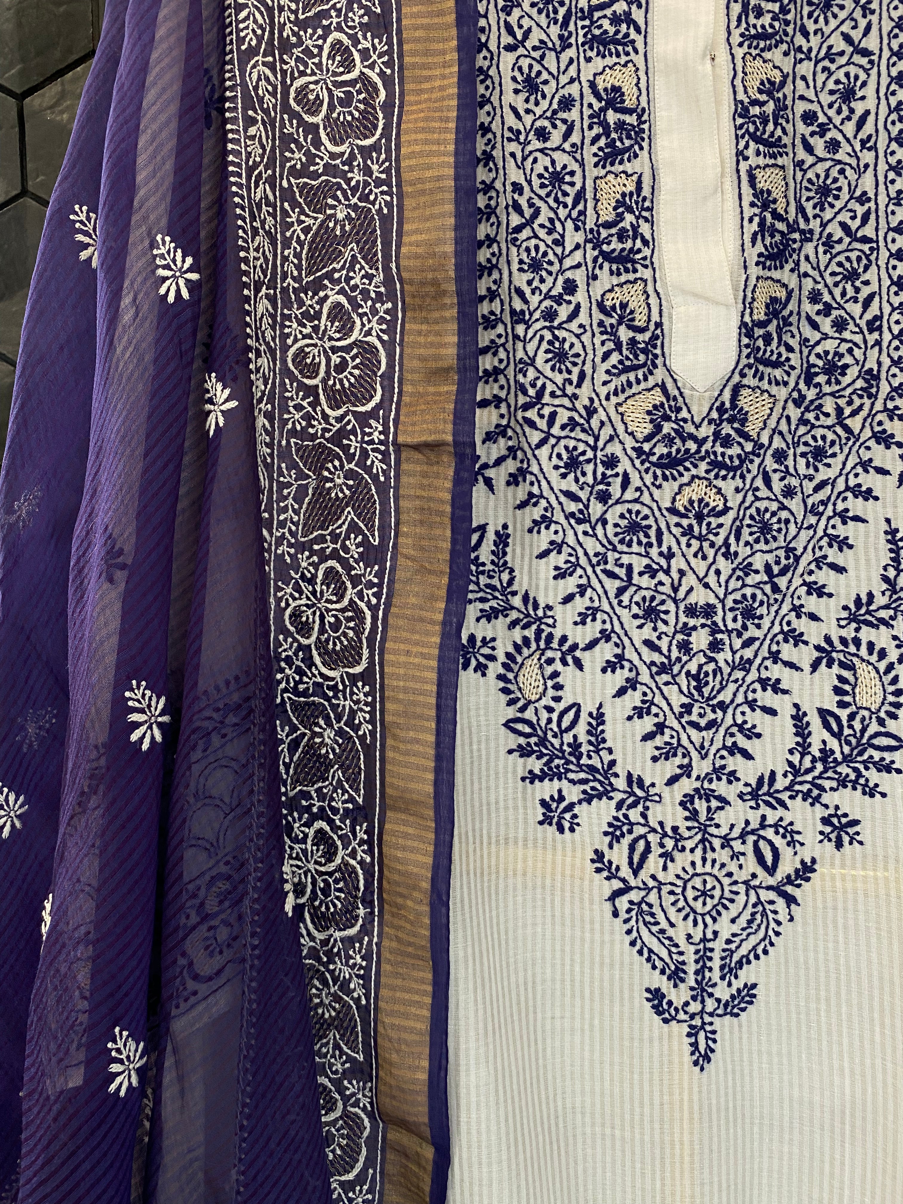 White & Blue Maheshwari Chikankari Kurta Set