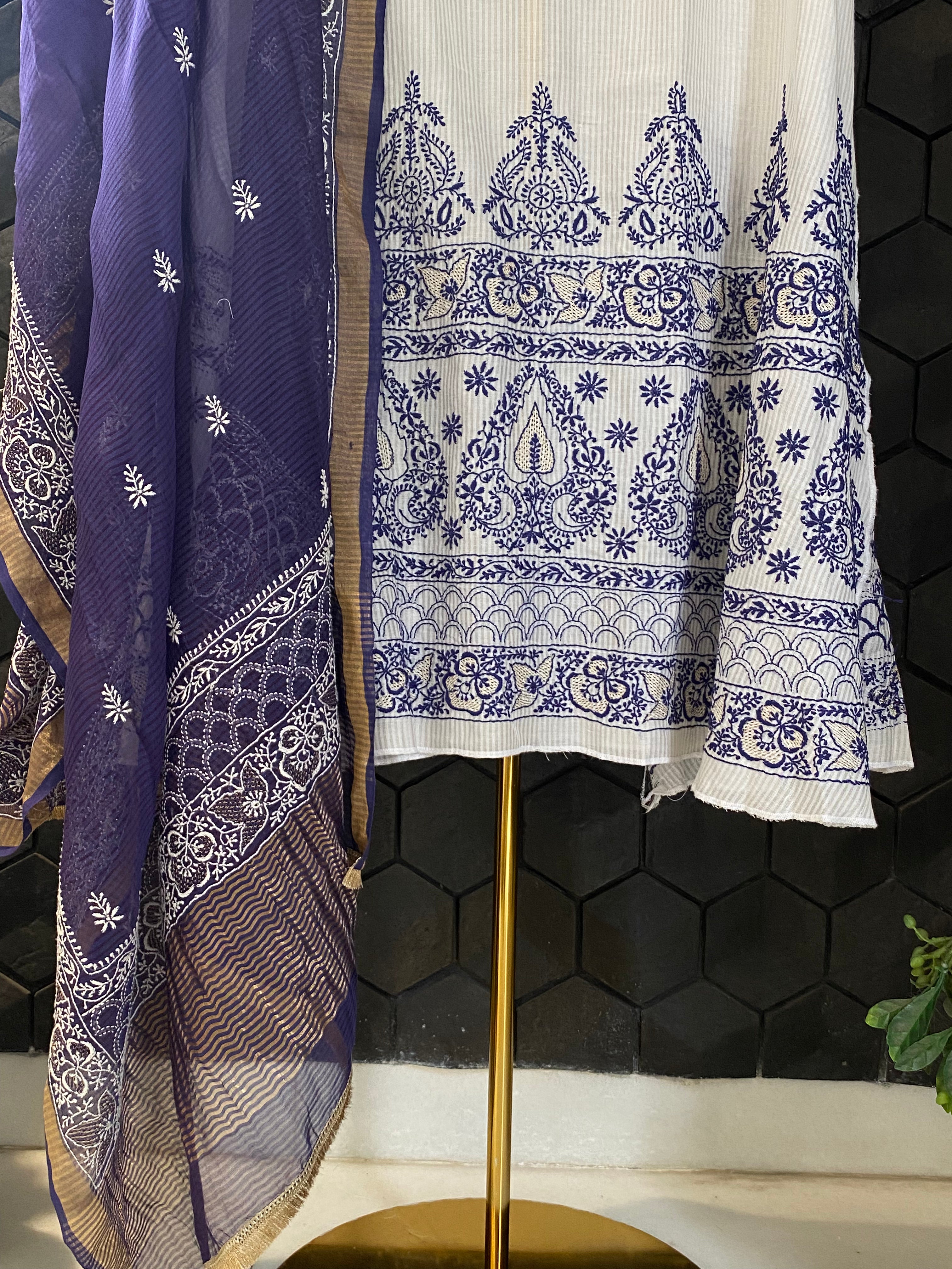 White & Blue Maheshwari Chikankari Kurta Set