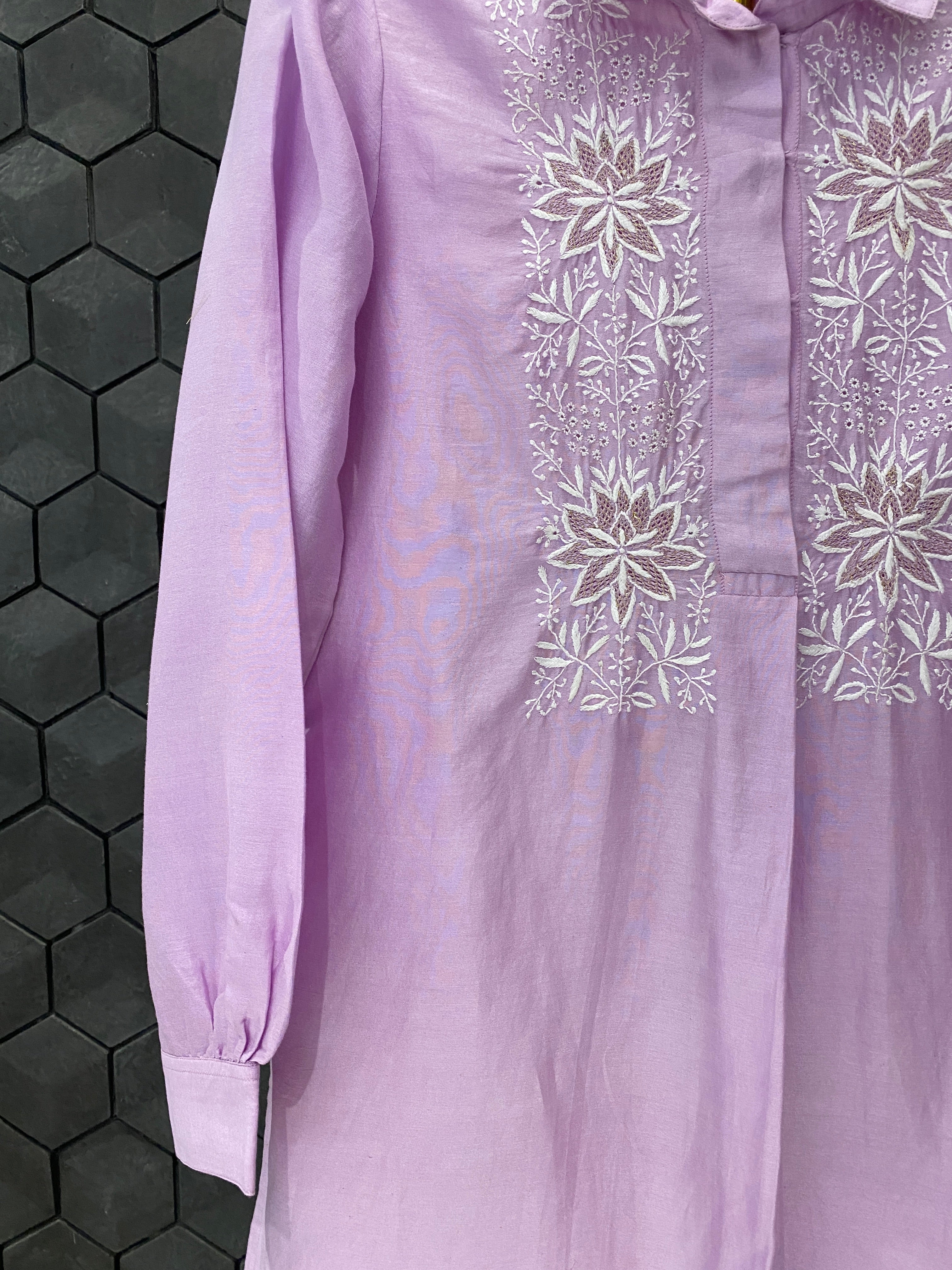 Lilac Chanderi Chikankari Collar Shirt