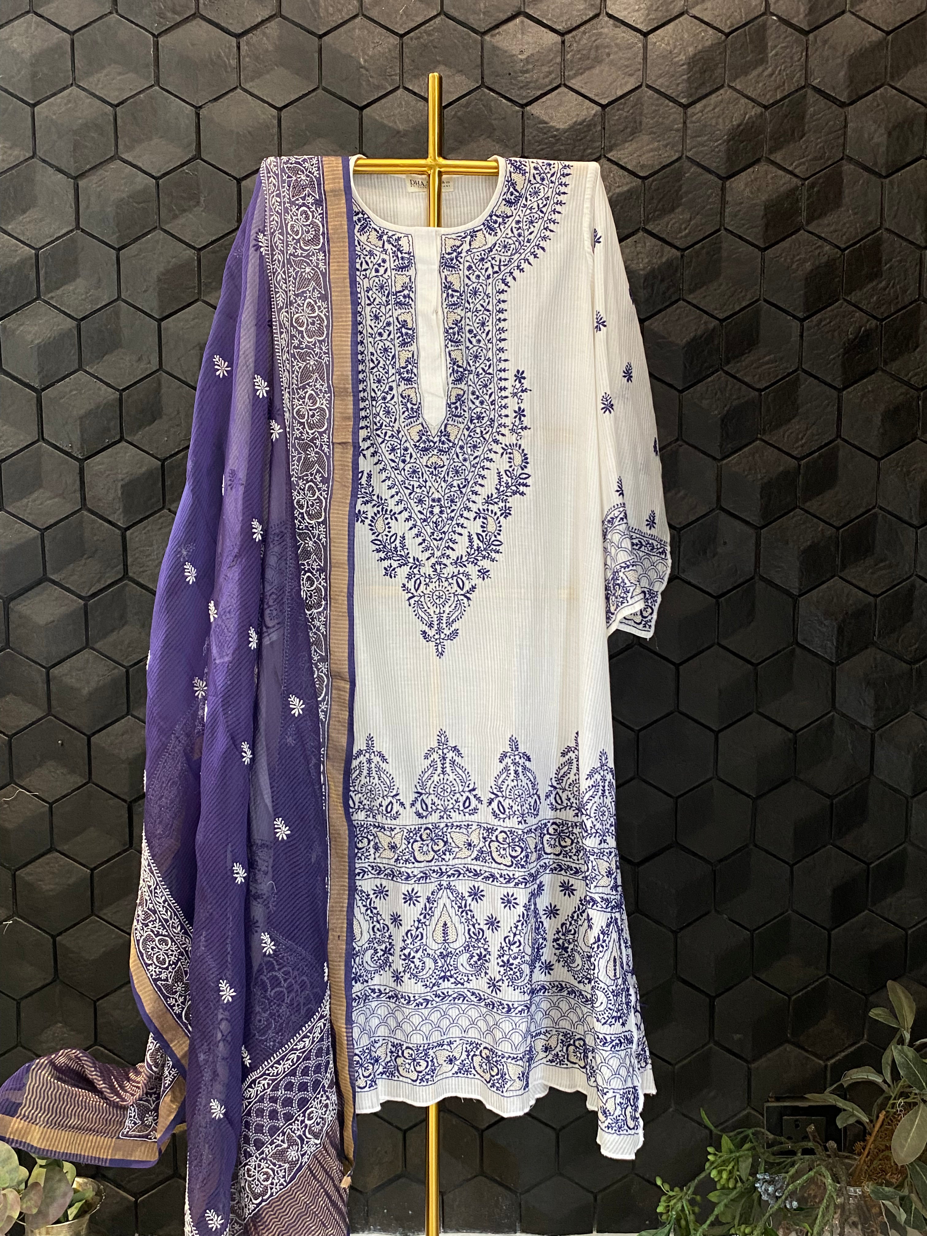 White & Blue Maheshwari Chikankari Kurta Set