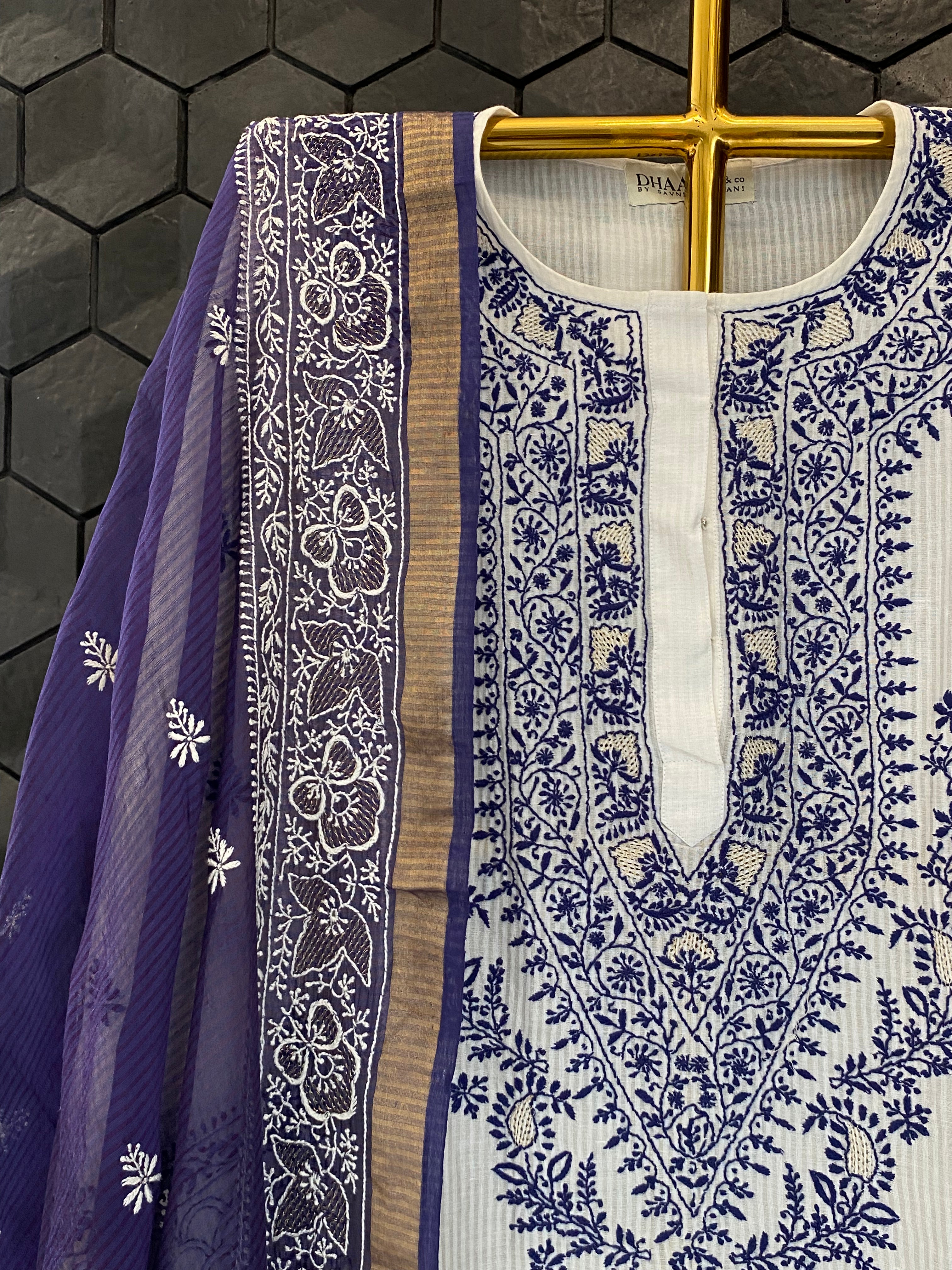 White & Blue Maheshwari Chikankari Kurta Set