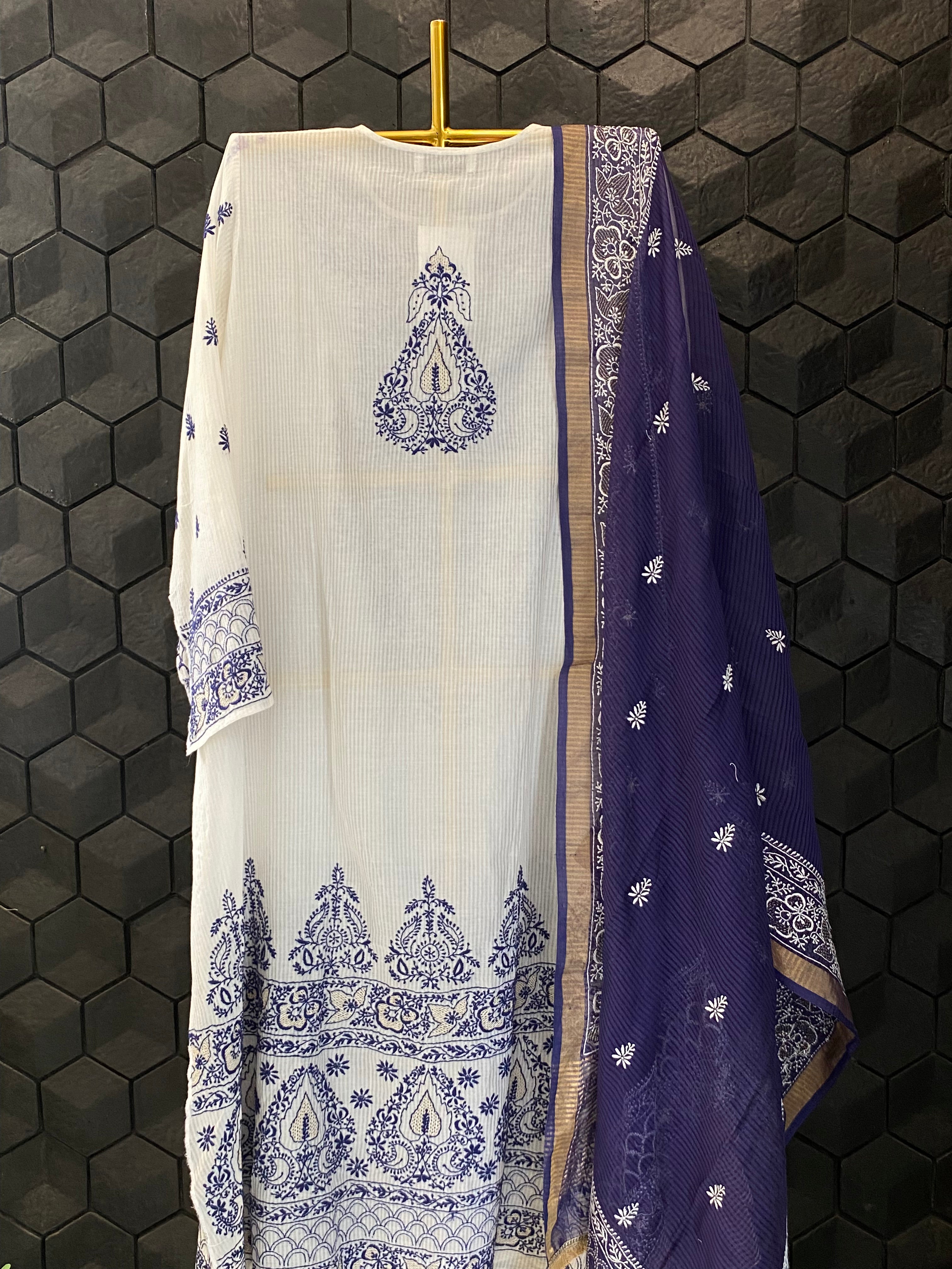 White & Blue Maheshwari Chikankari Kurta Set