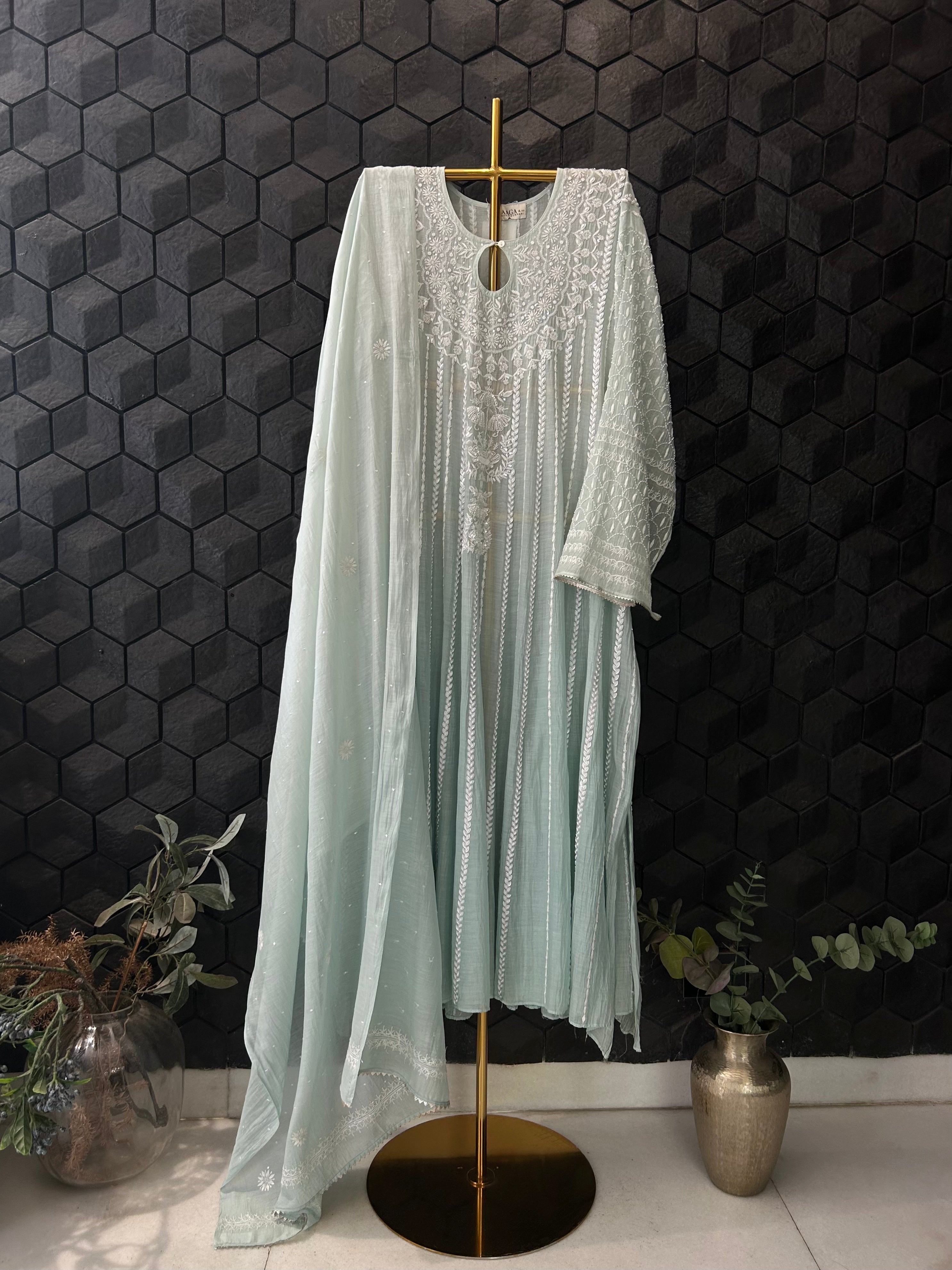 Sea Green Mul Chanderi Chikankari Anarkali Set