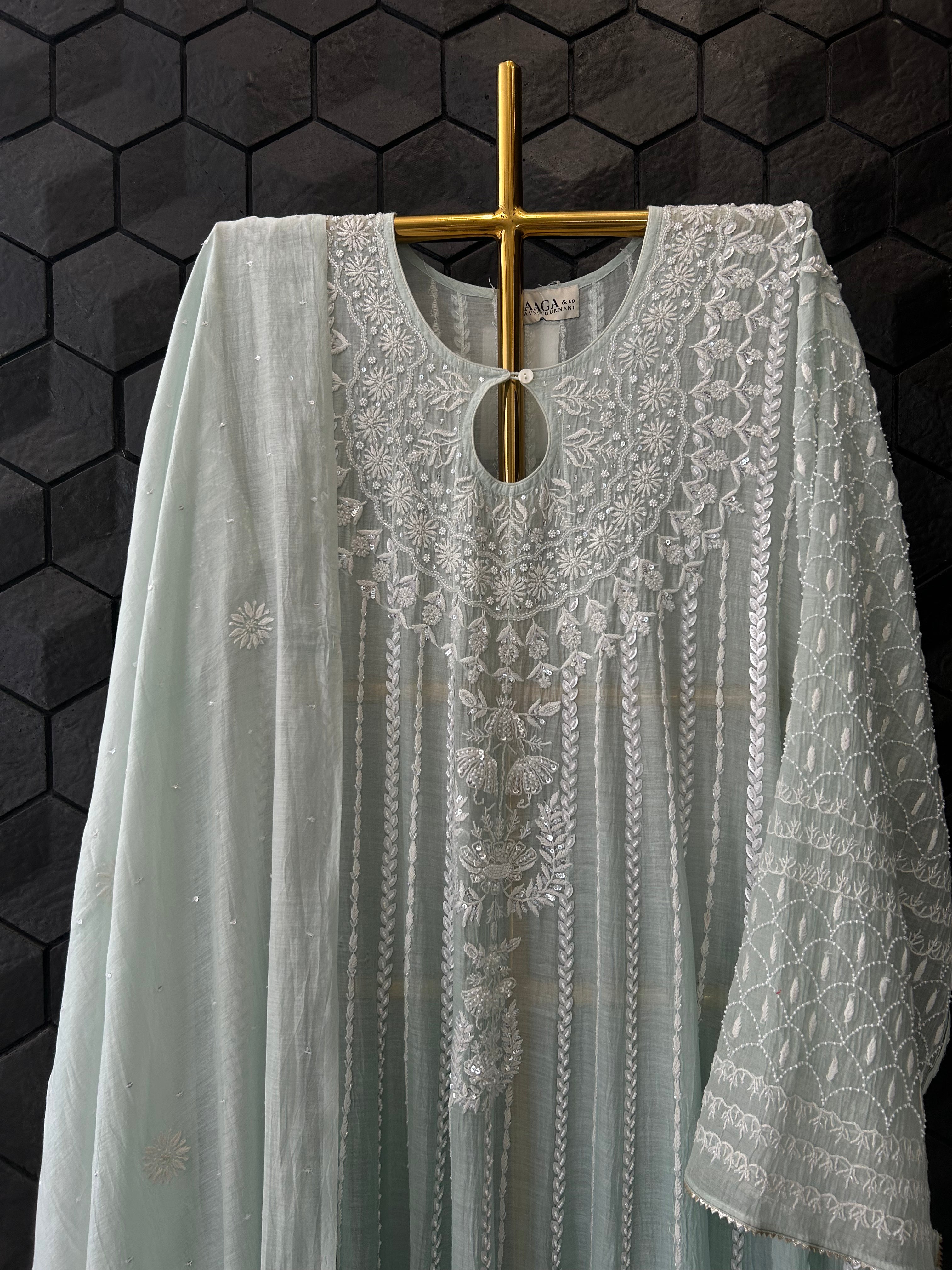 Sea Green Mul Chanderi Chikankari Anarkali Set