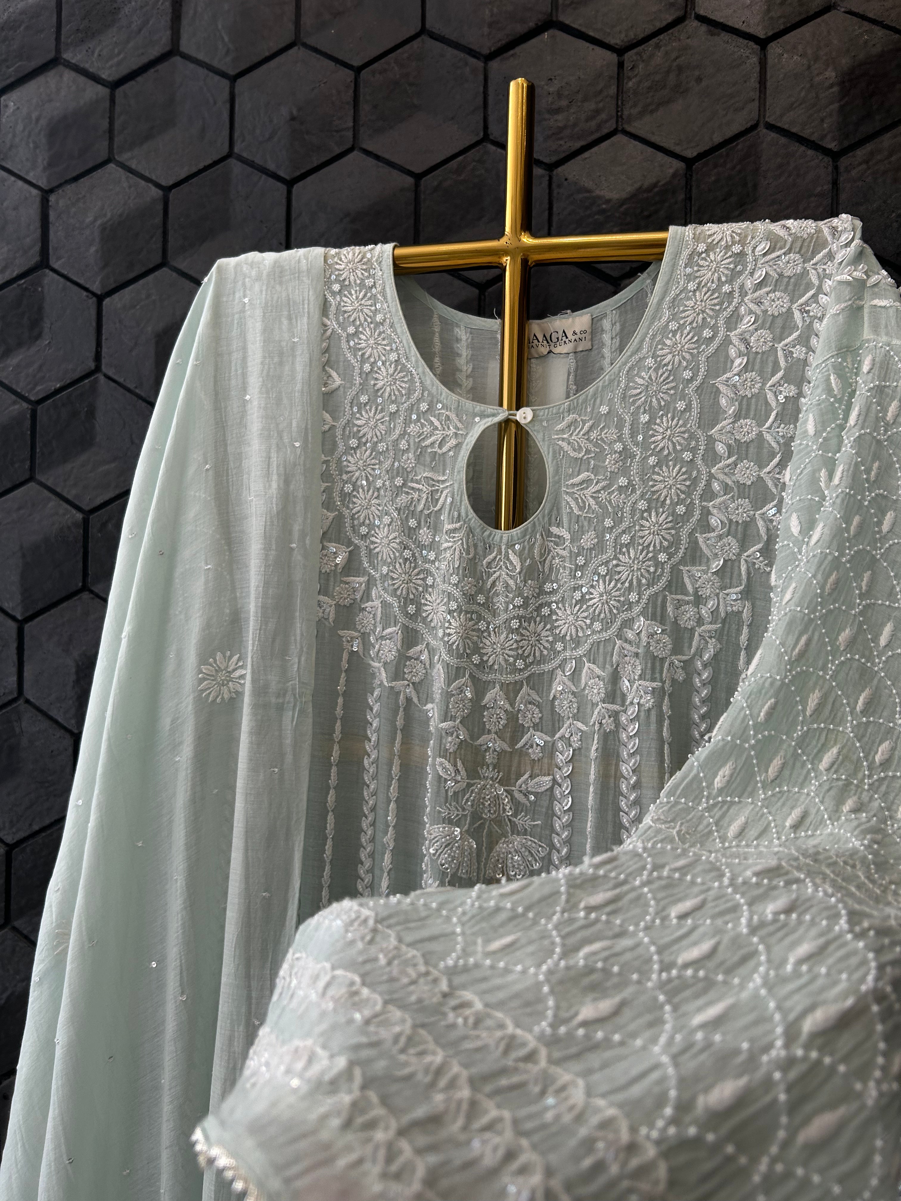 Sea Green Mul Chanderi Chikankari Anarkali Set