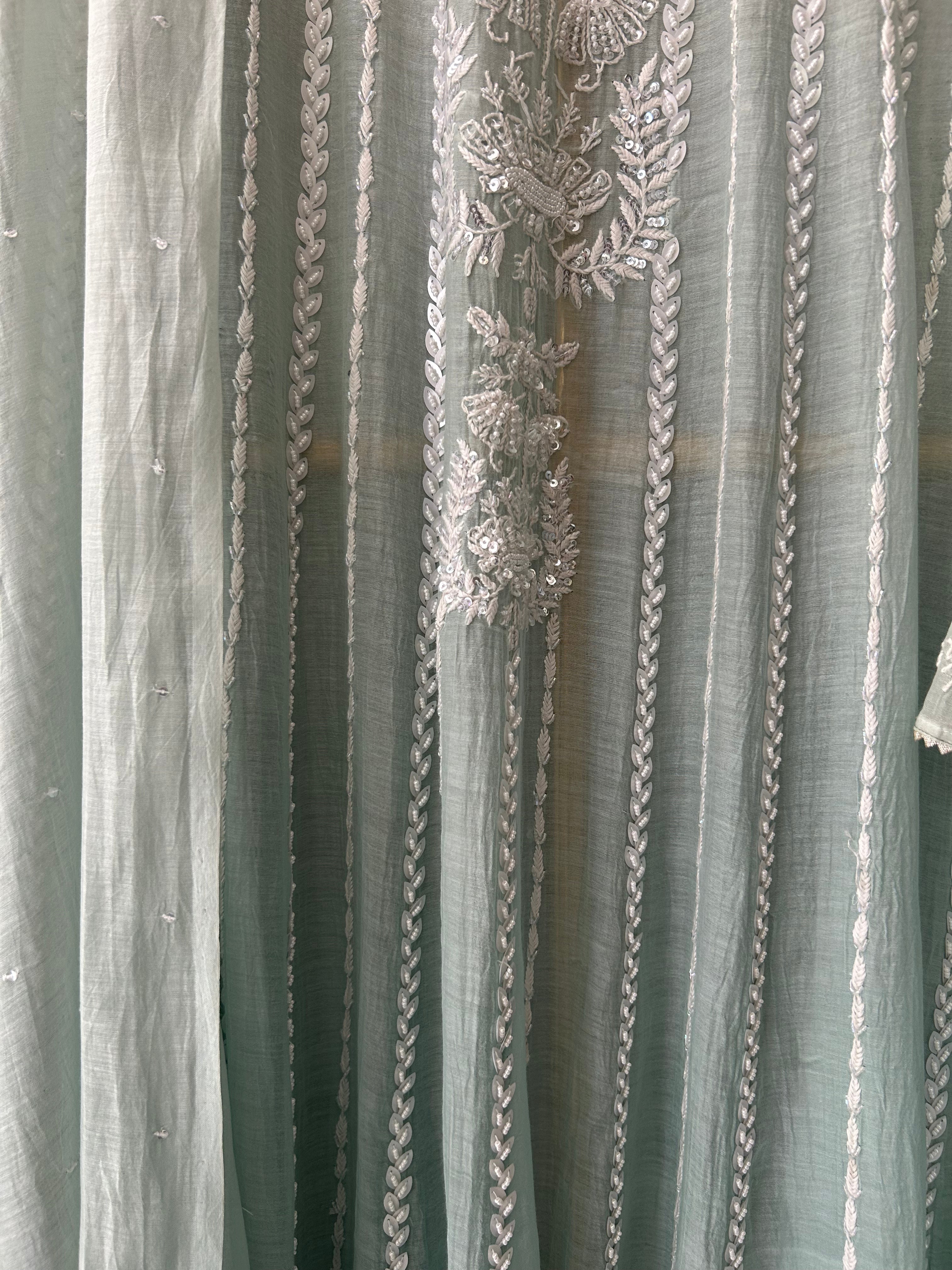 Sea Green Mul Chanderi Chikankari Anarkali Set