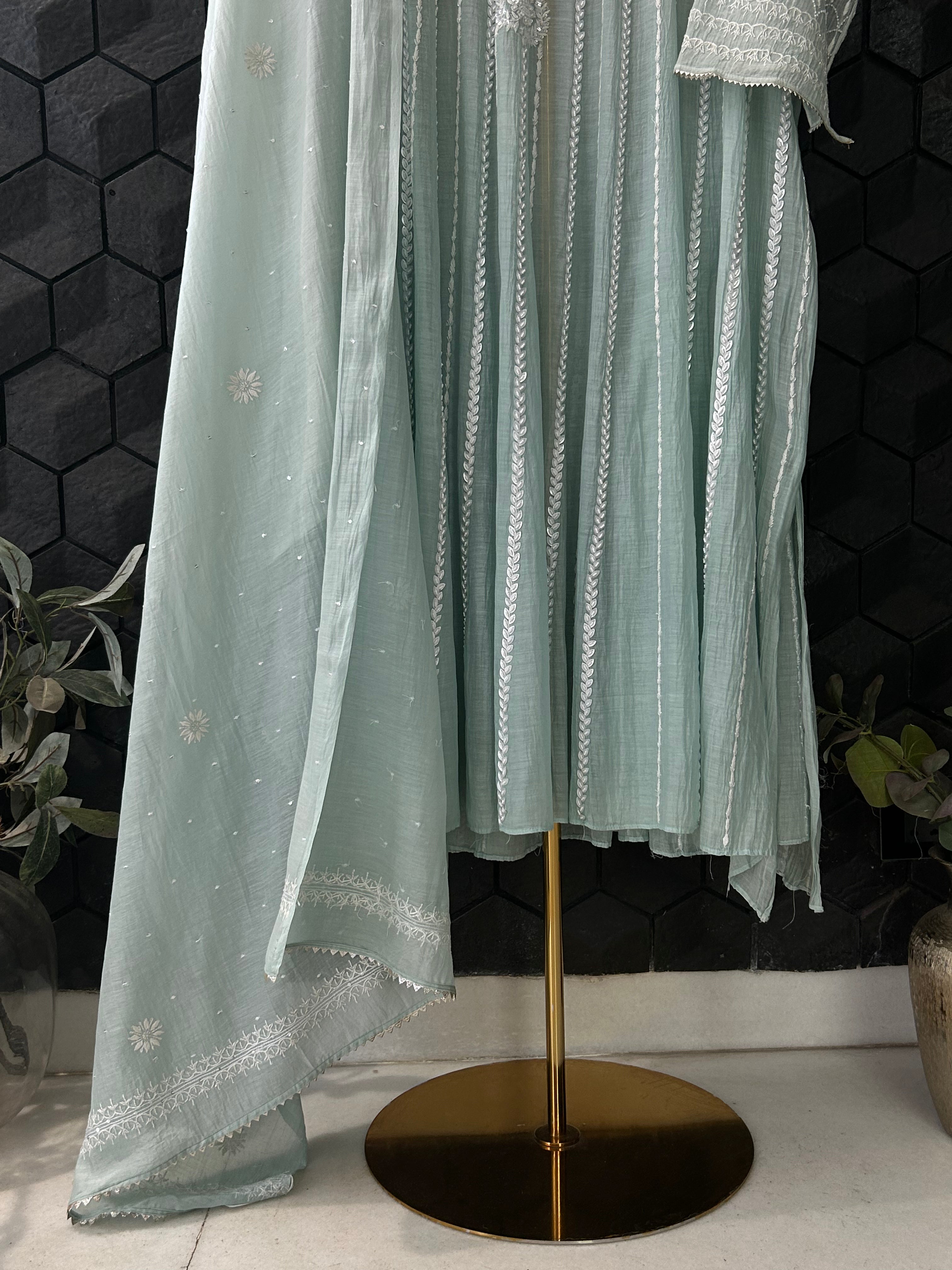 Sea Green Mul Chanderi Chikankari Anarkali Set