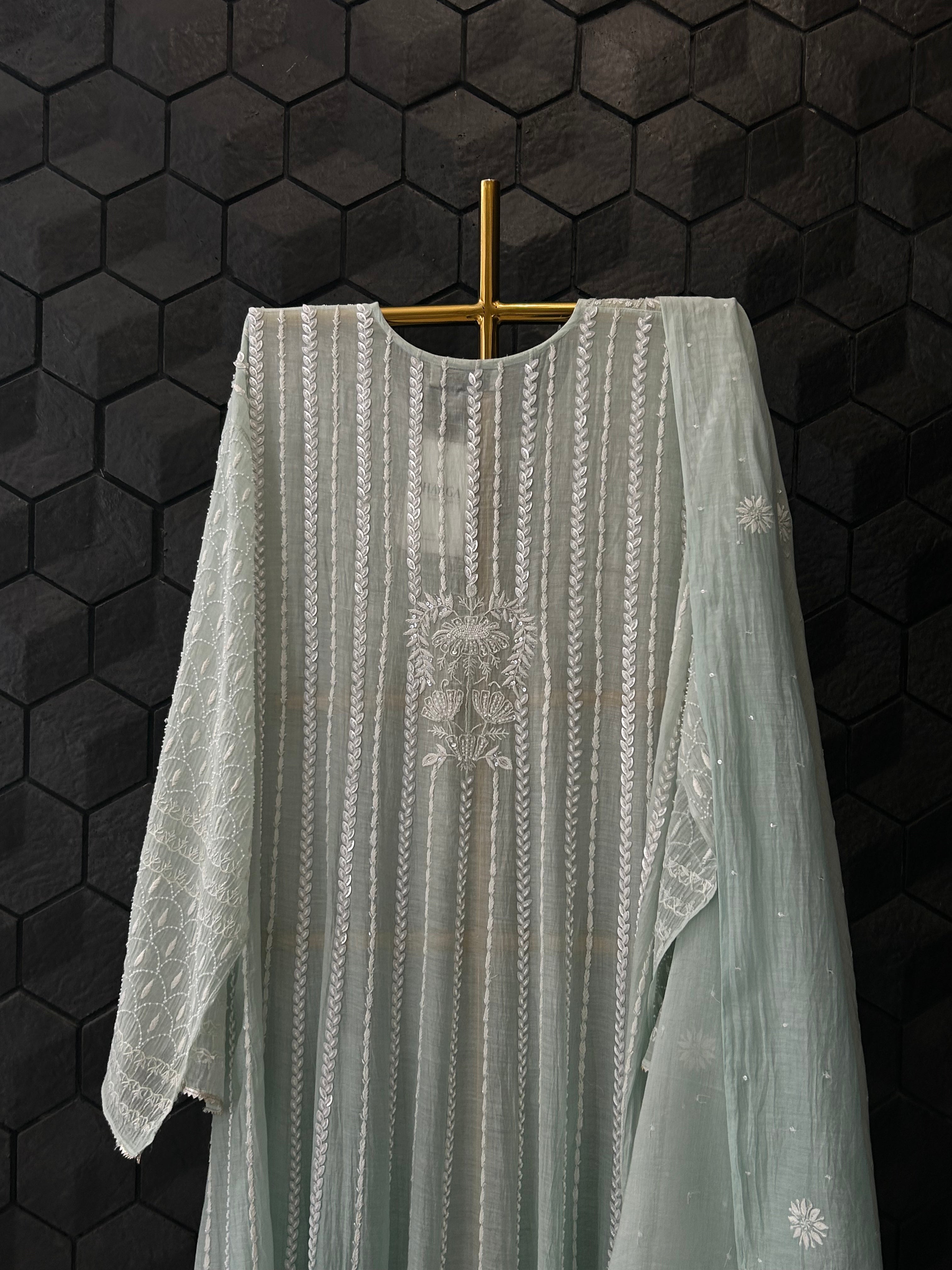 Sea Green Mul Chanderi Chikankari Anarkali Set