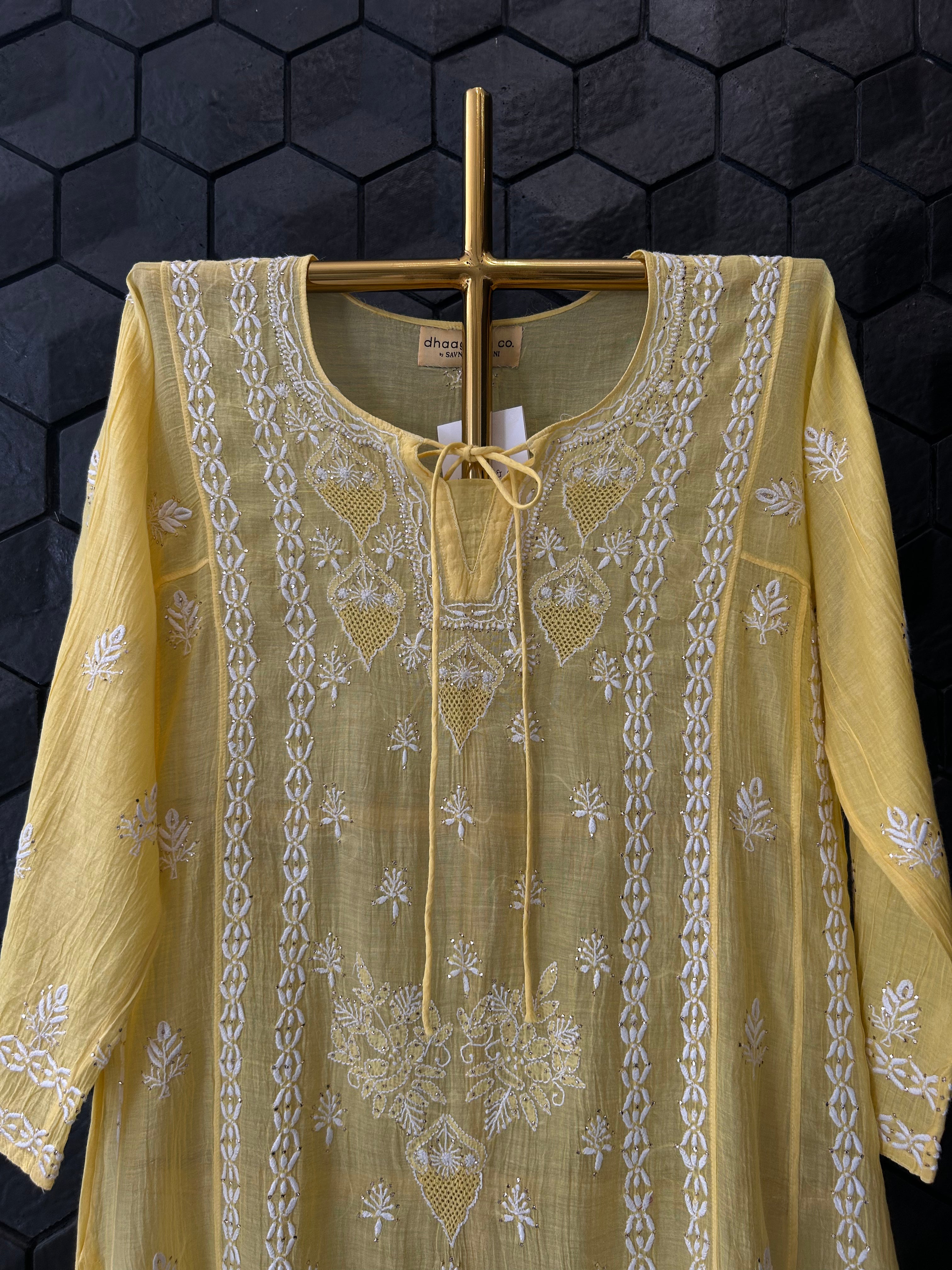 Yellow Mul Chanderi Chikankari Mukaish Co-ord sets