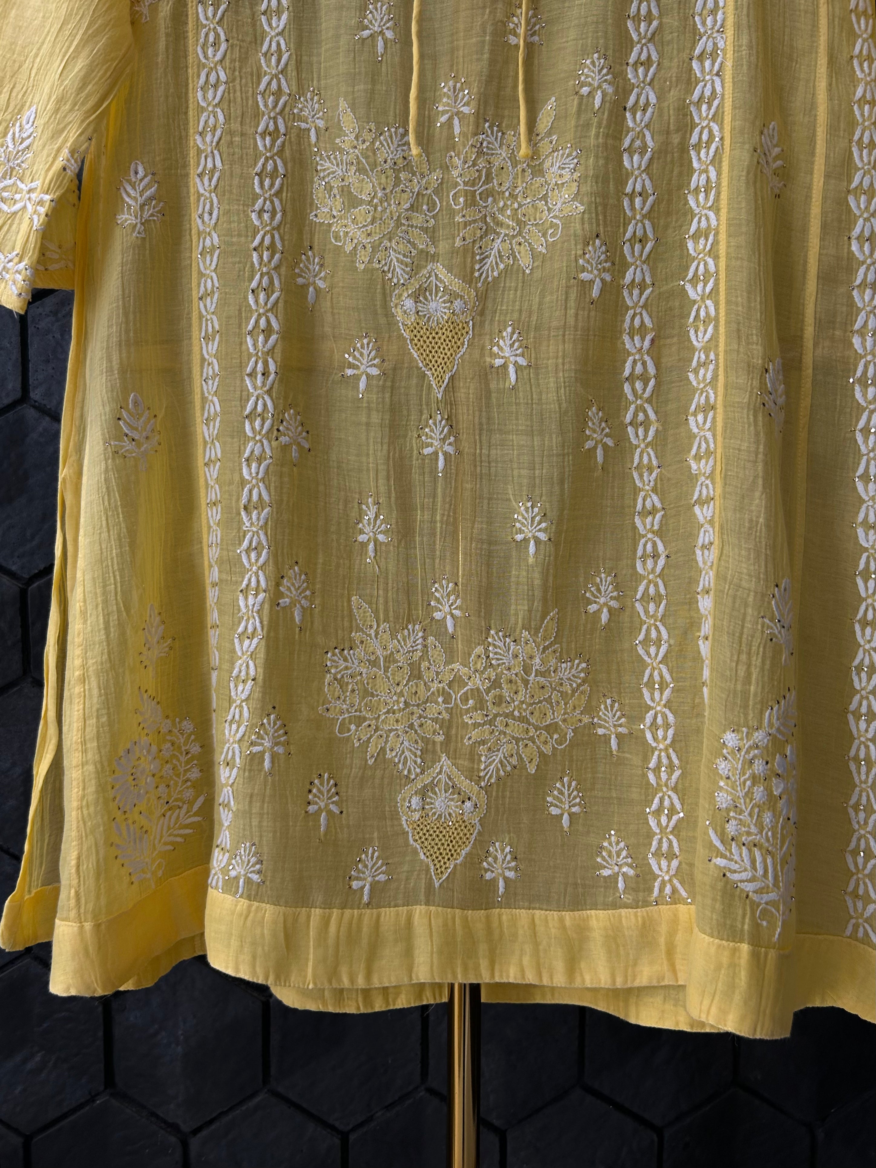 Yellow Mul Chanderi Chikankari Mukaish Co-ord sets