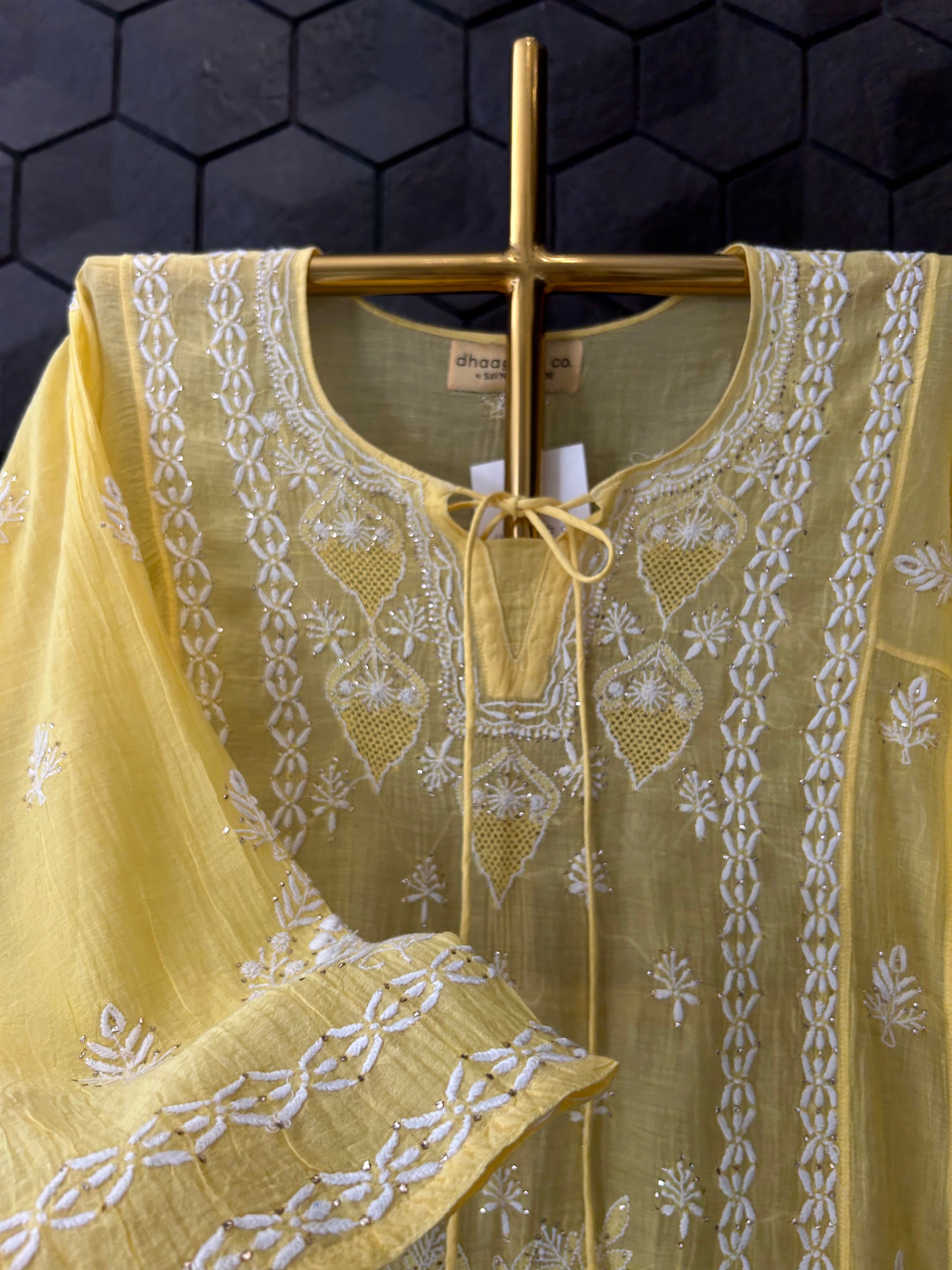 Yellow Mul Chanderi Chikankari Mukaish Co-ord sets