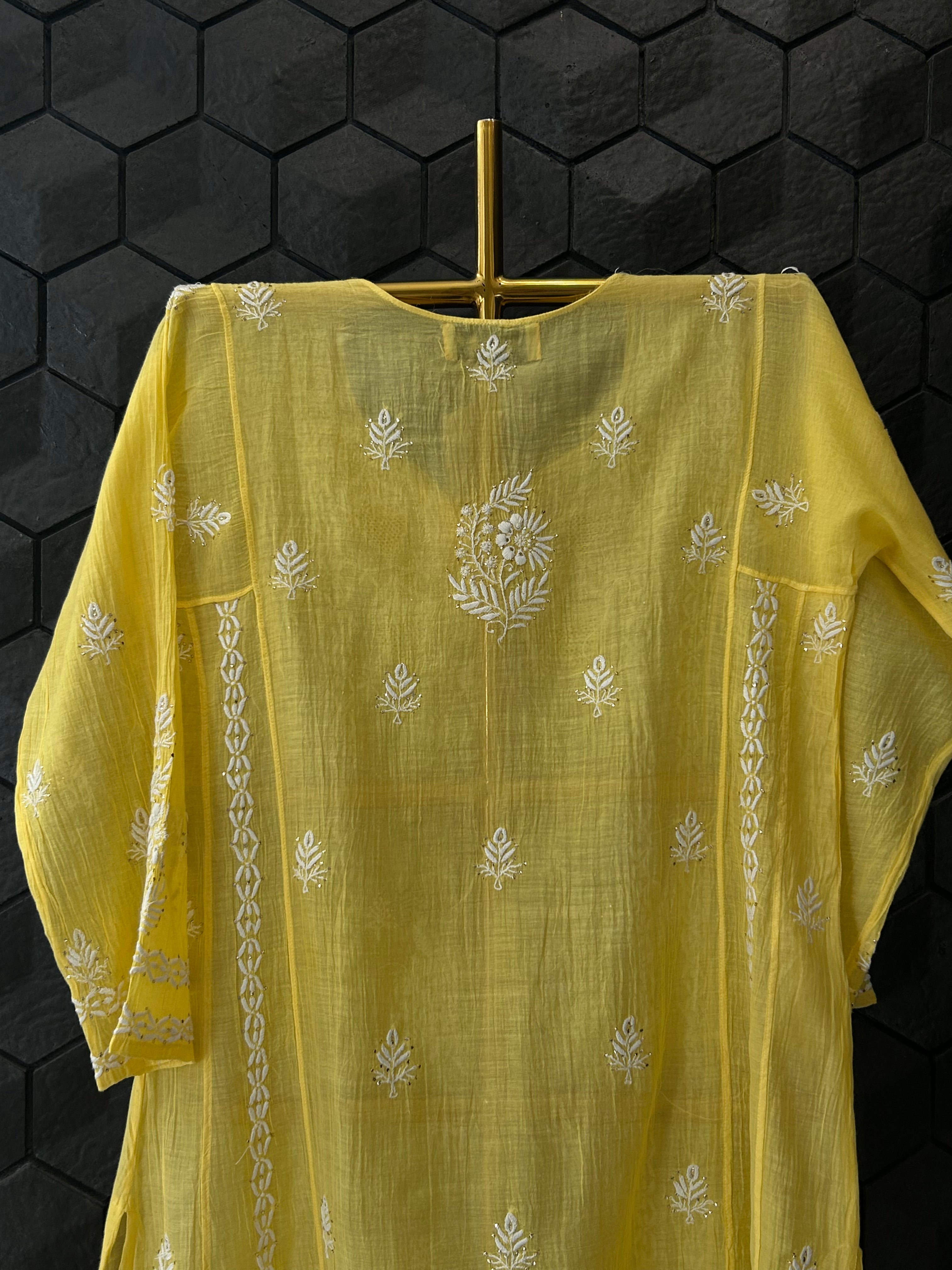 Yellow Mul Chanderi Chikankari Mukaish Co-ord sets