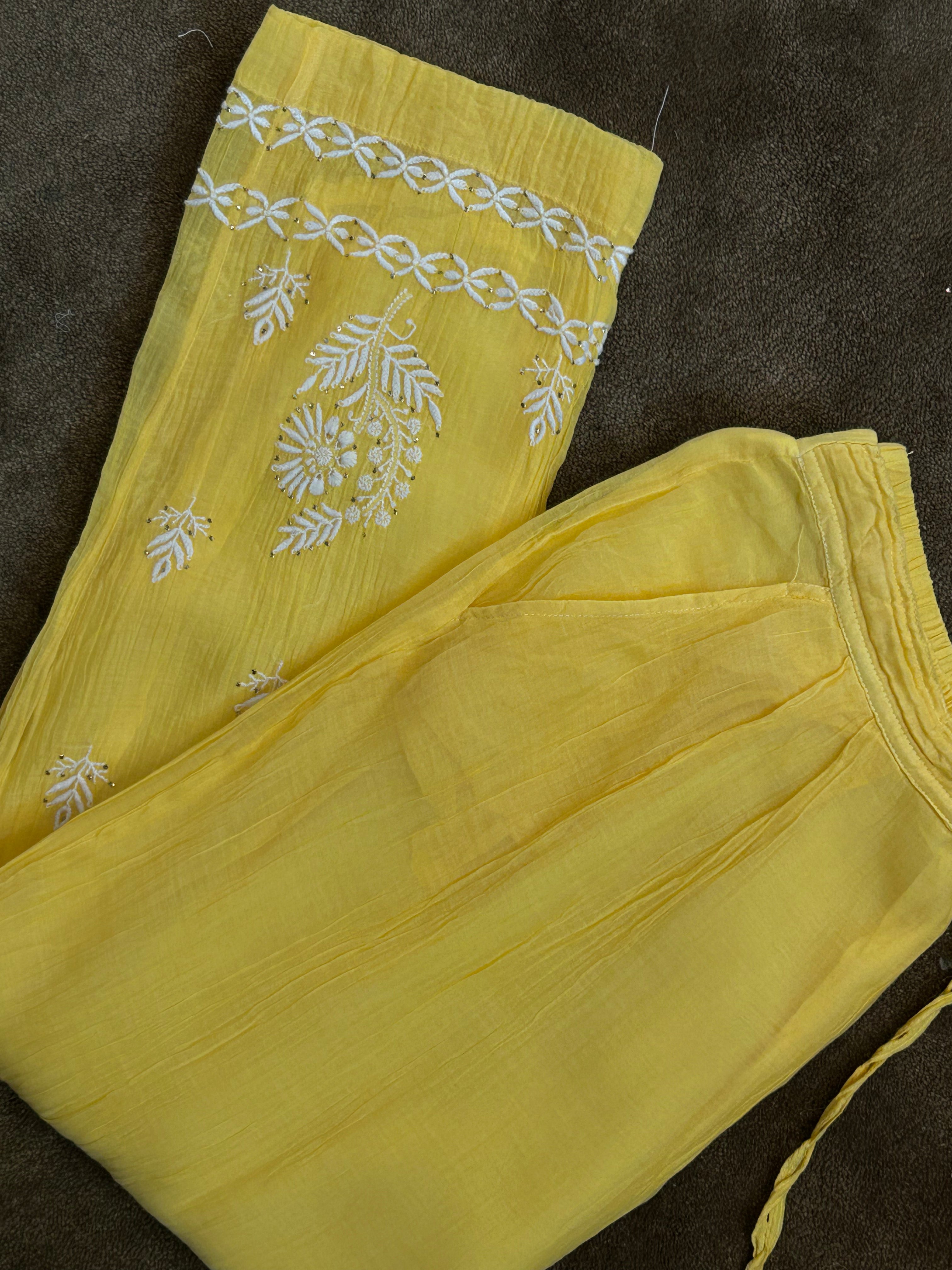 Yellow Mul Chanderi Chikankari Mukaish Co-ord sets