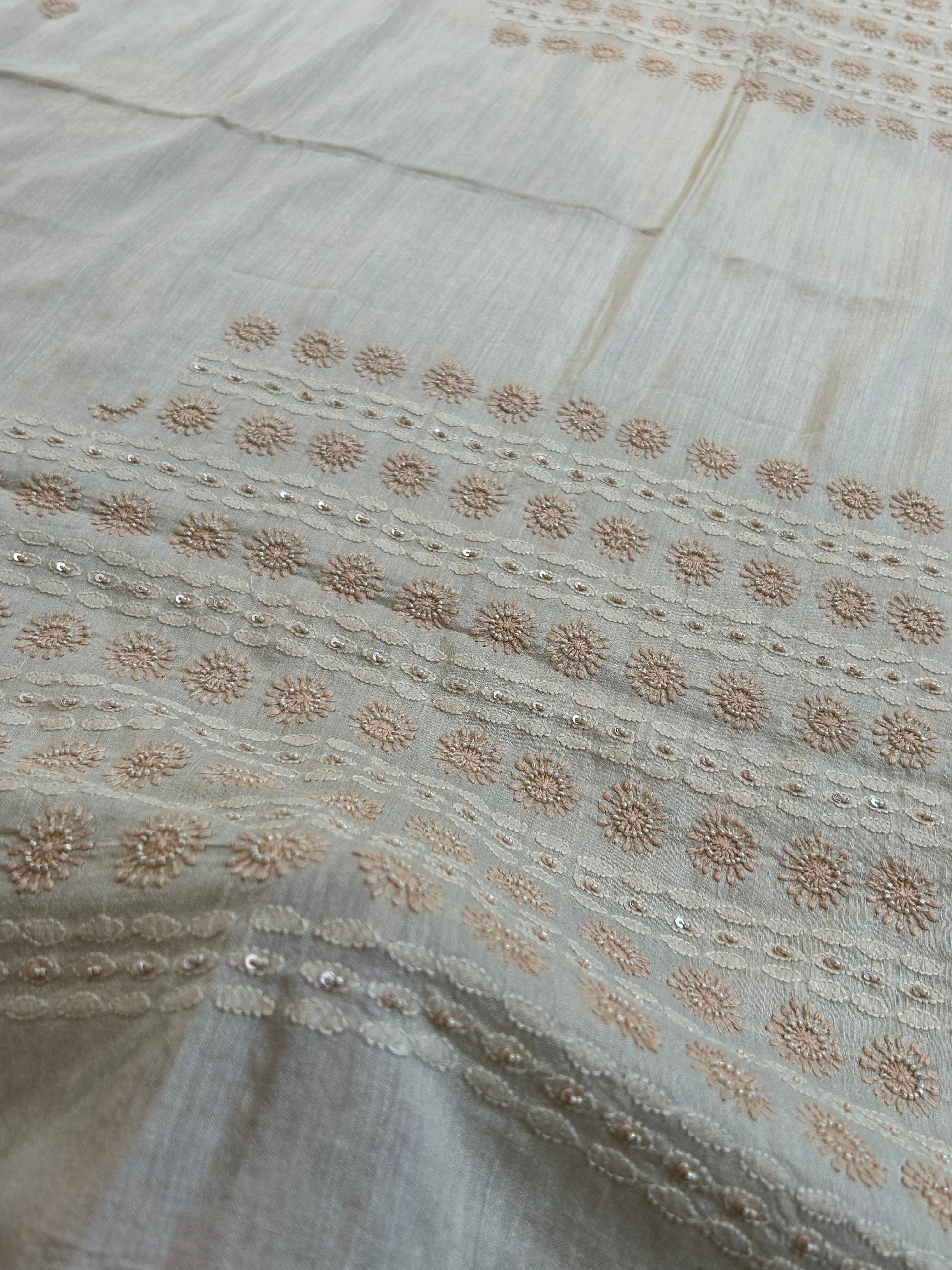 Mens Beige Munga Silk Chikankari Sadri