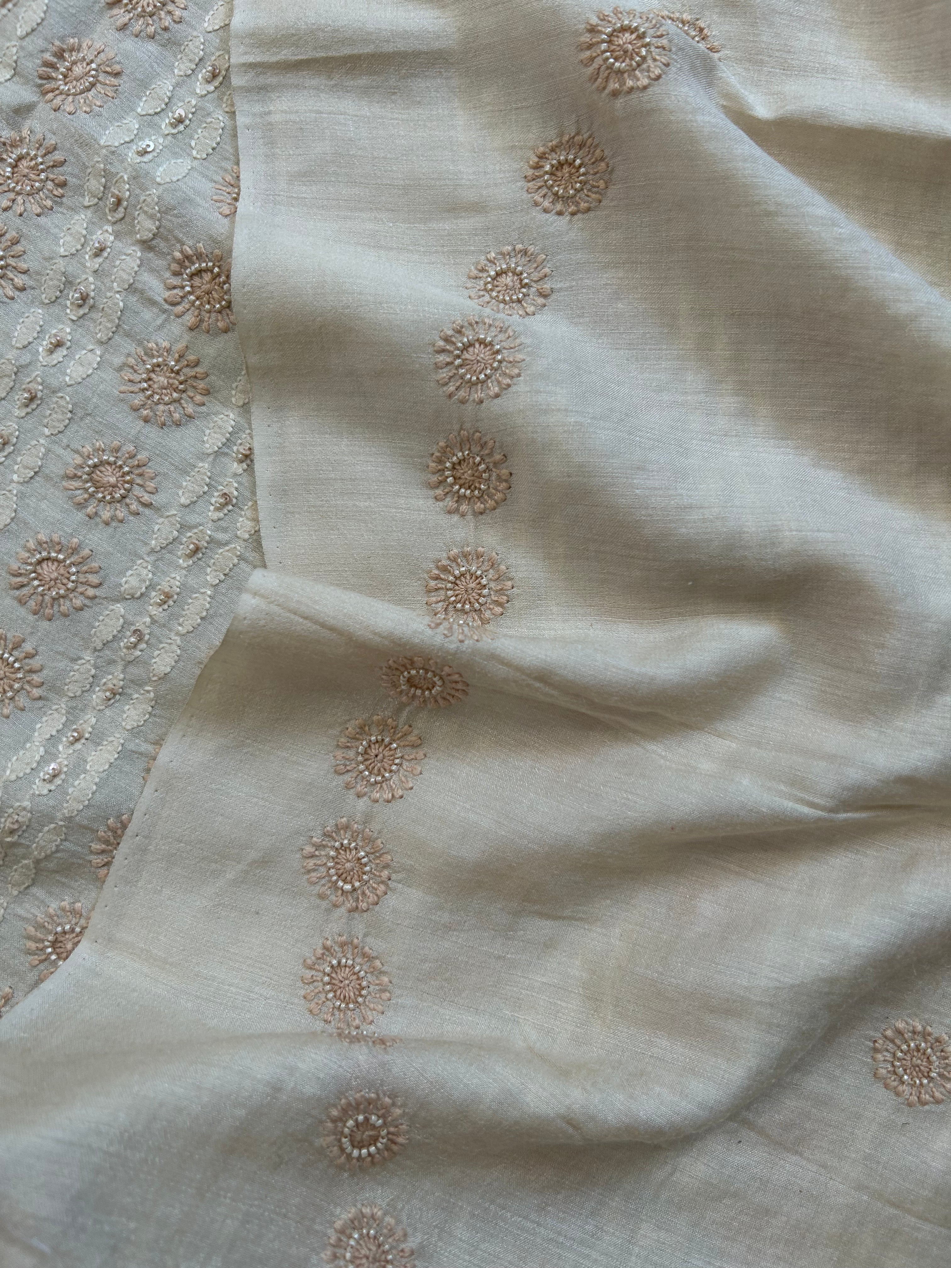 Mens Beige Munga Silk Chikankari Sadri