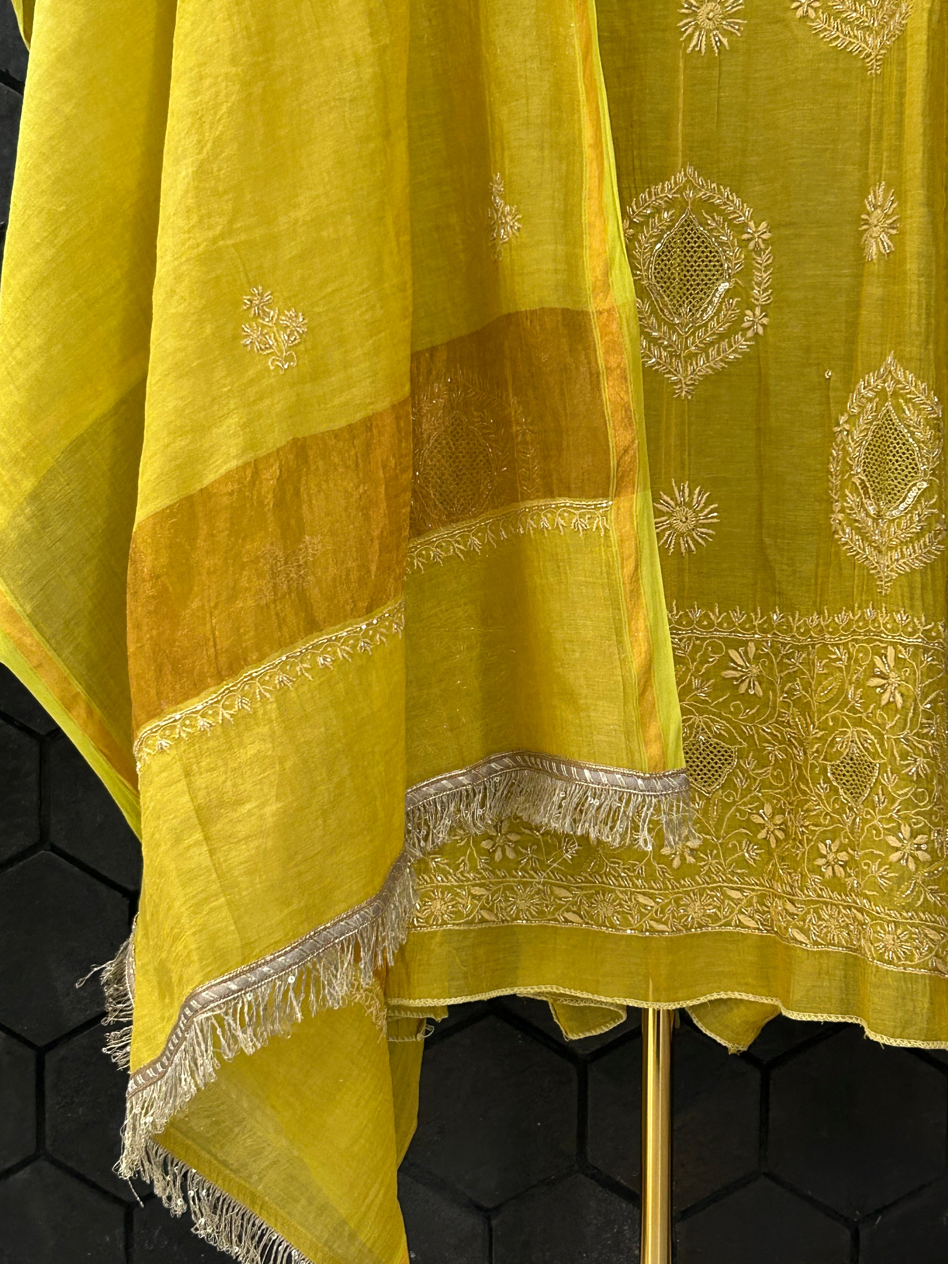 Lime Green Golden Tissue Chikankari Kurta Set