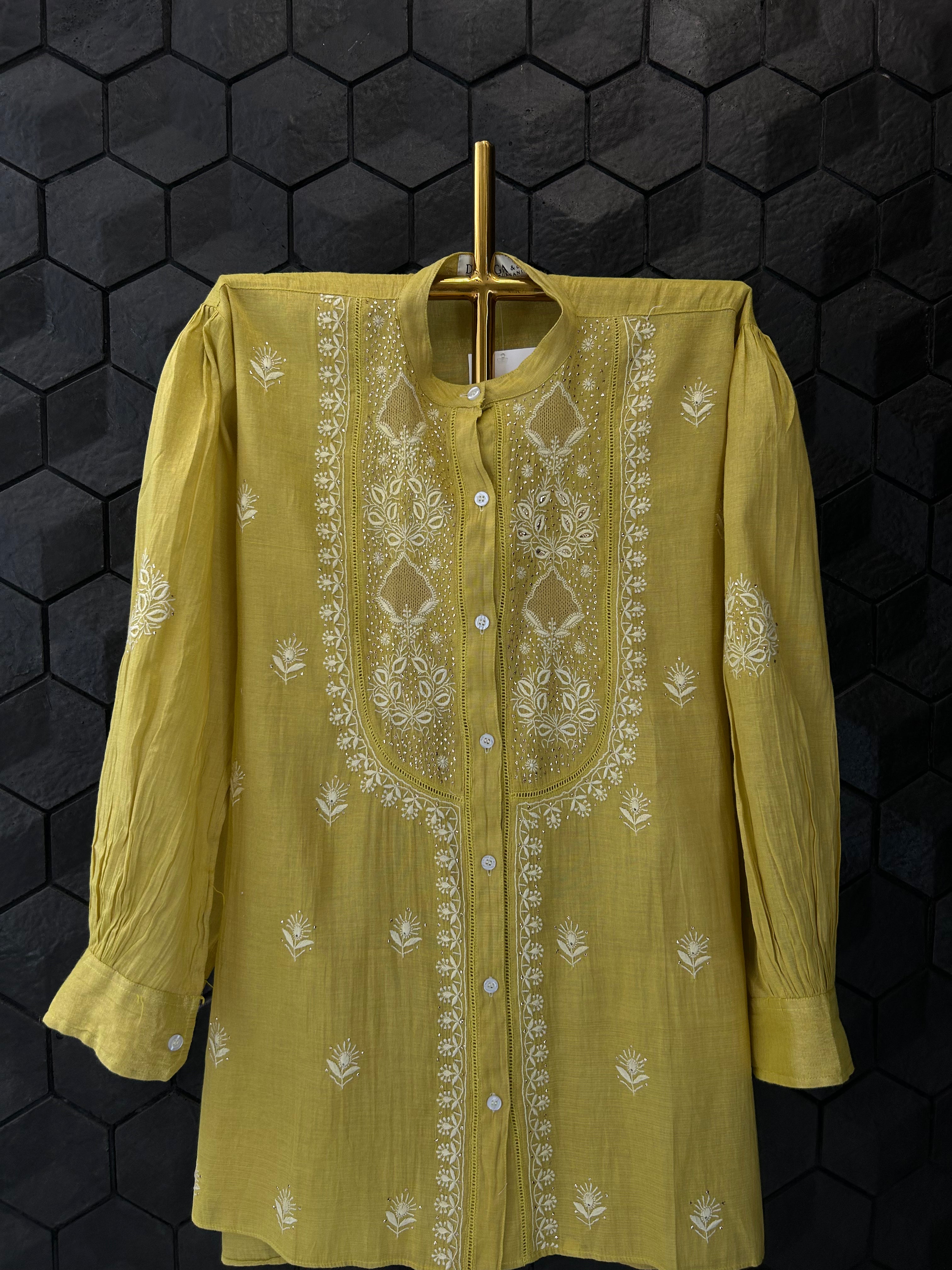 Lime Green Tissue Chikankari Mukaish Shirt