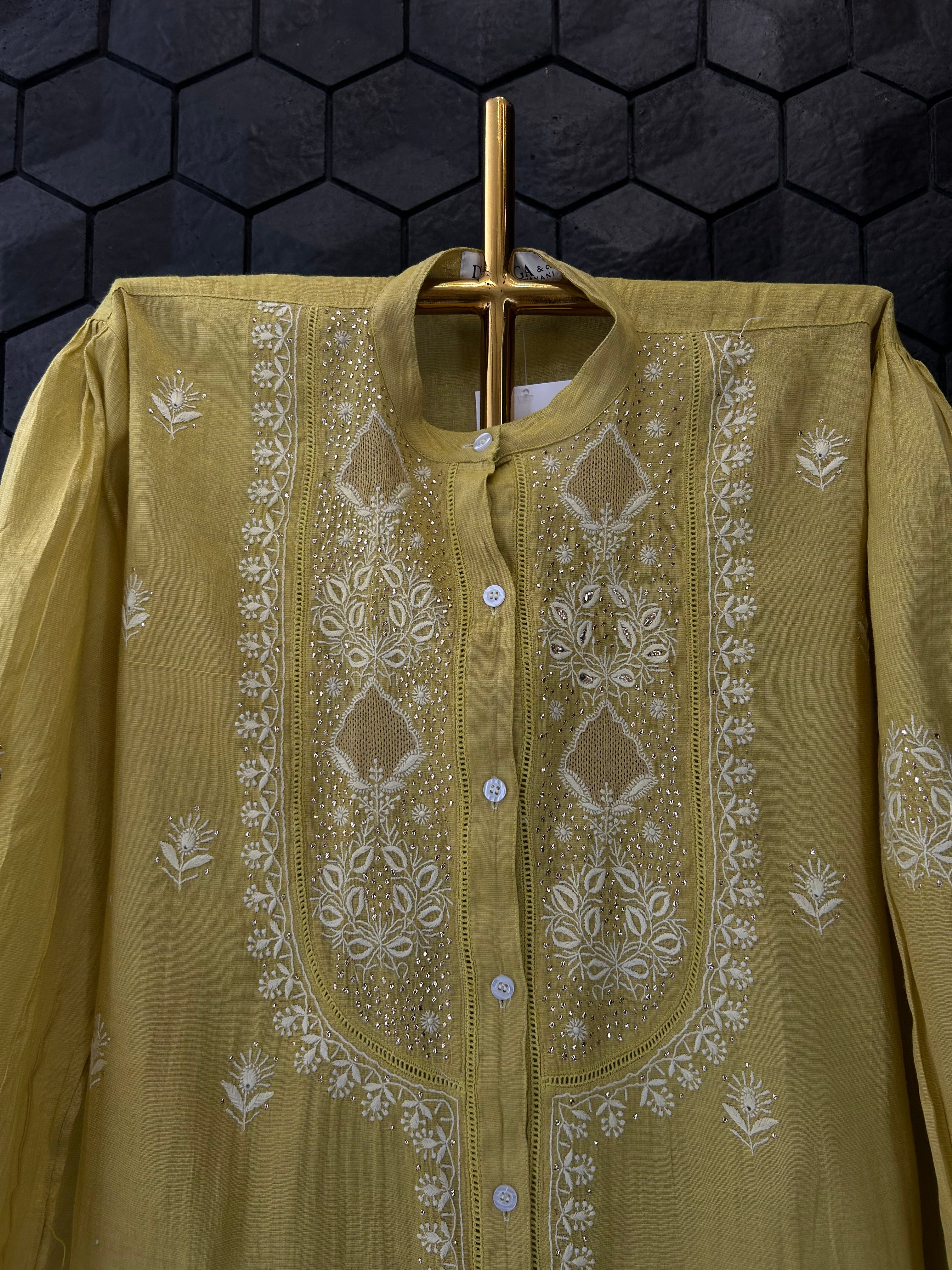Lime Green Tissue Chikankari Mukaish Shirt