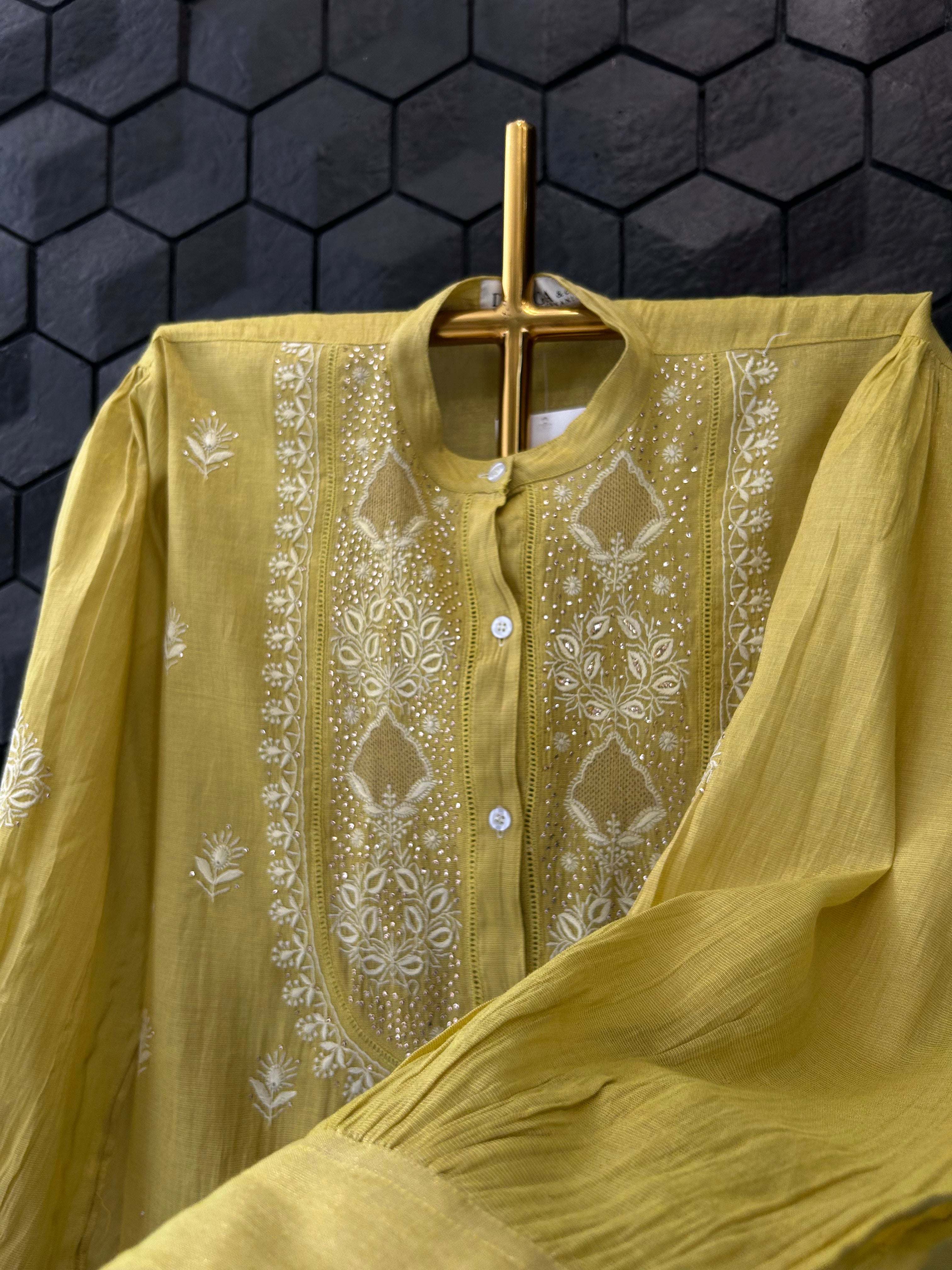 Lime Green Tissue Chikankari Mukaish Shirt