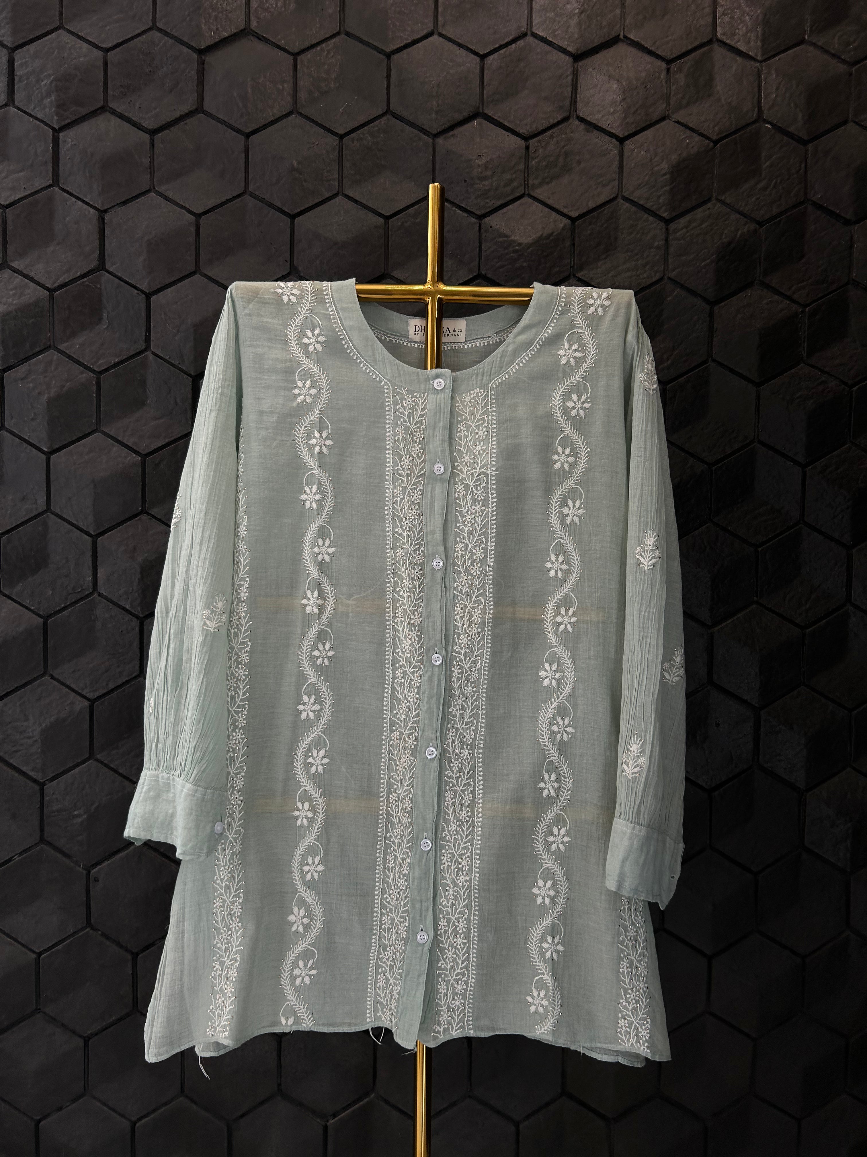 Sea Green Silver Tissue Mukaish Chikankari Co-ord sets