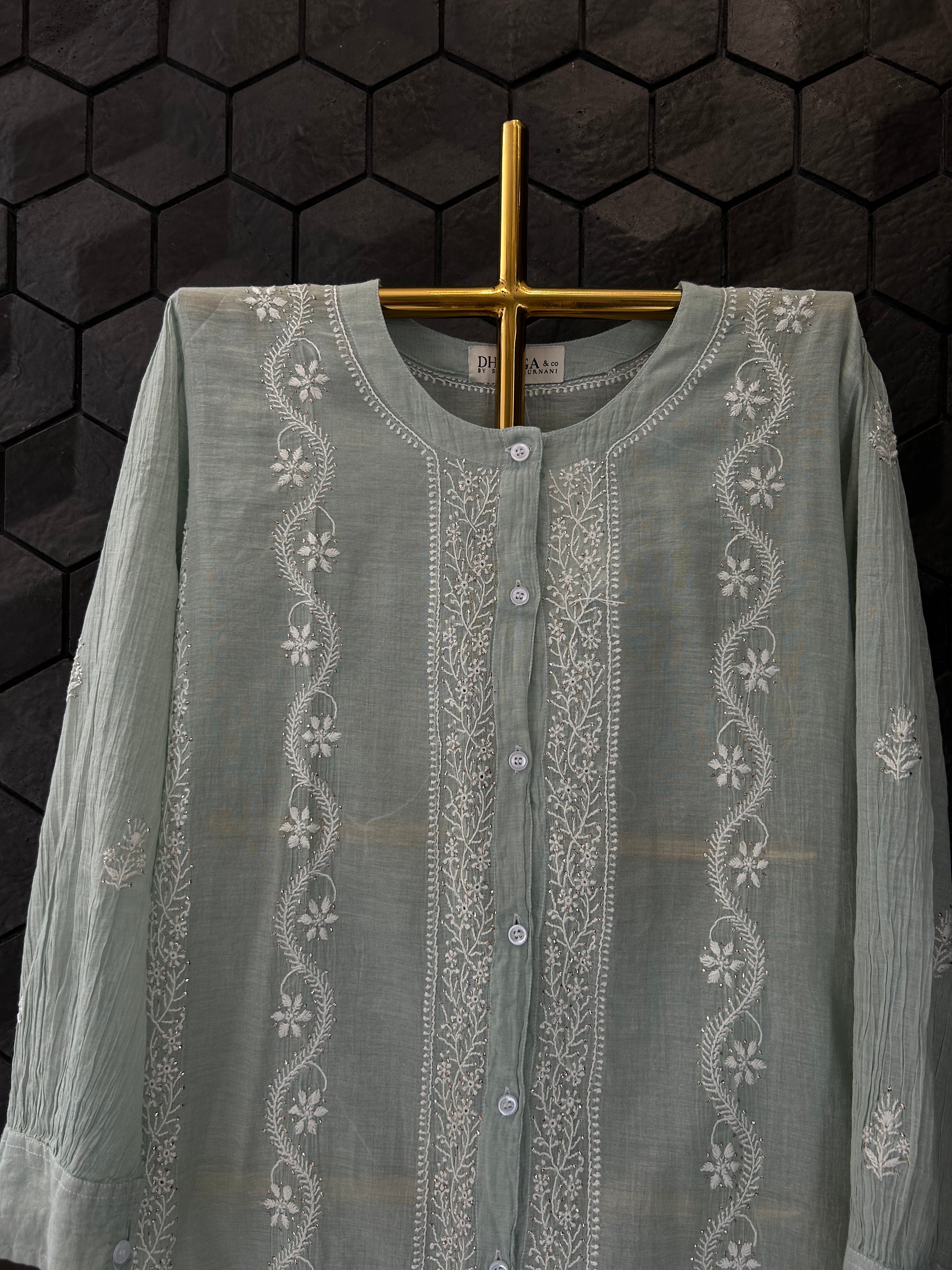 Sea Green Silver Tissue Mukaish Chikankari Co-ord sets