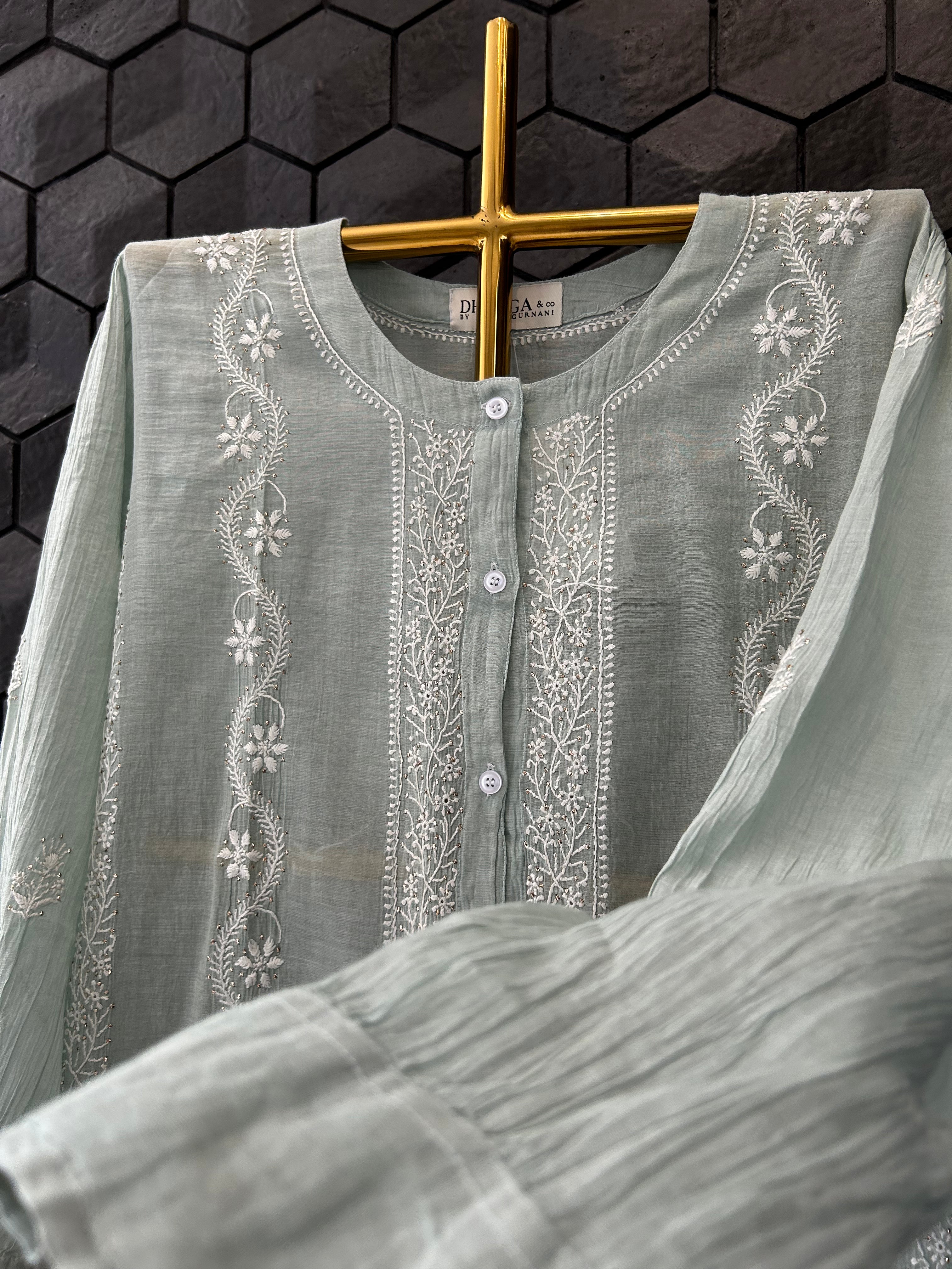 Sea Green Silver Tissue Mukaish Chikankari Co-ord sets