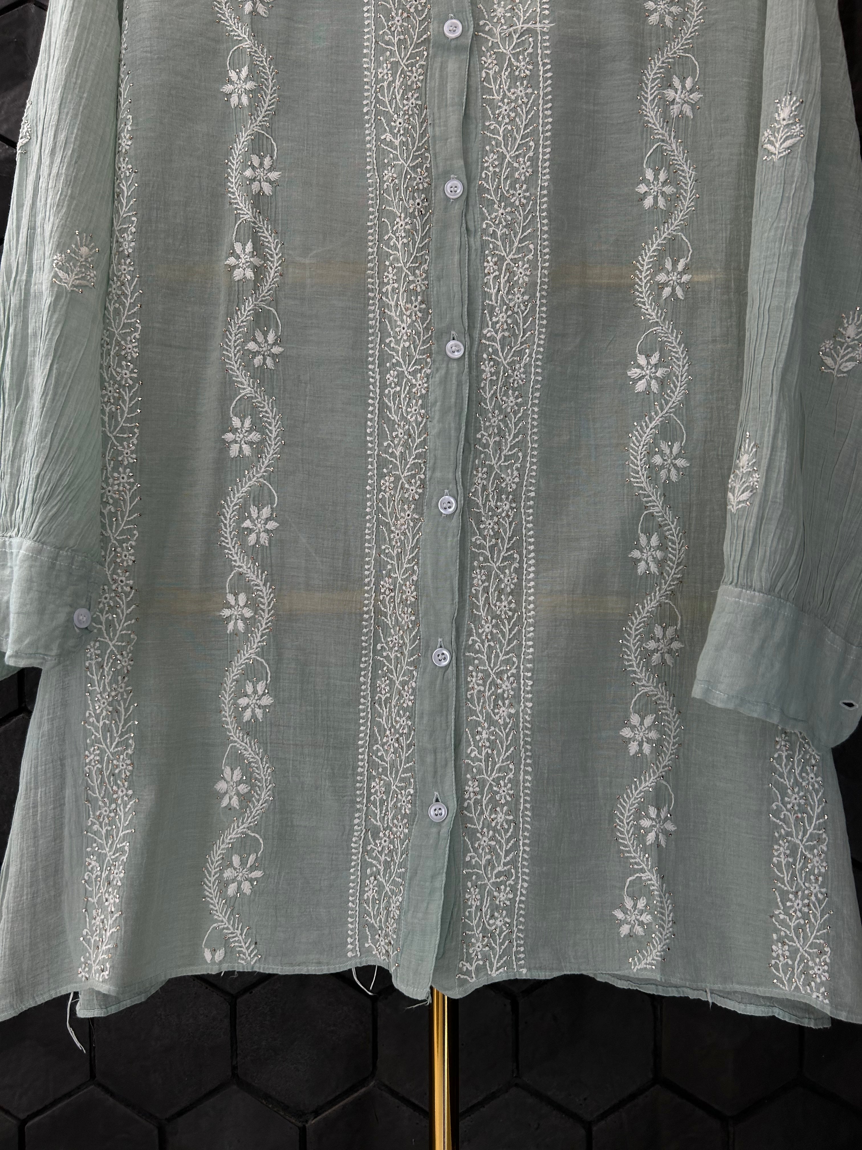 Sea Green Silver Tissue Mukaish Chikankari Co-ord sets