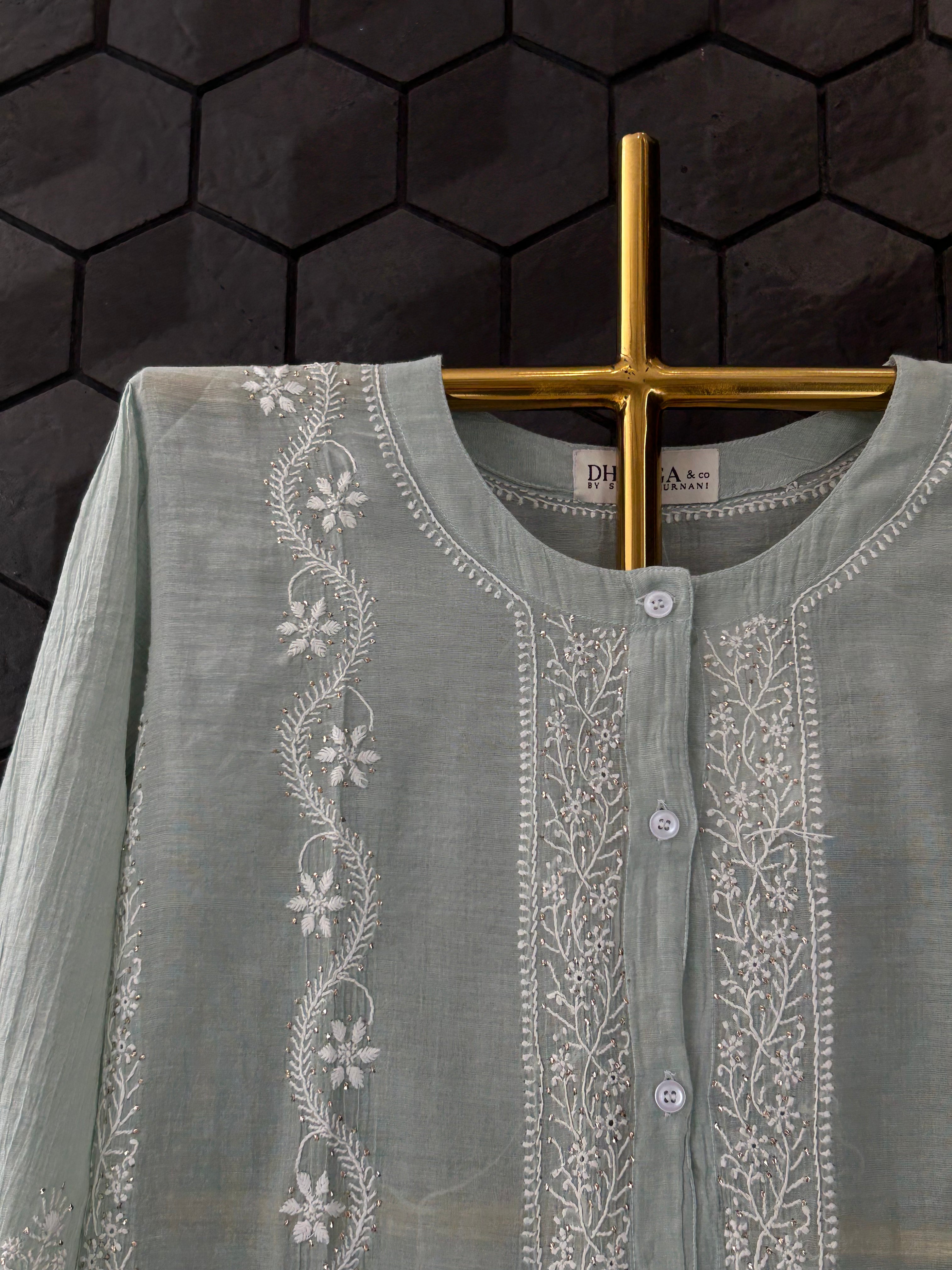 Sea Green Silver Tissue Mukaish Chikankari Co-ord sets