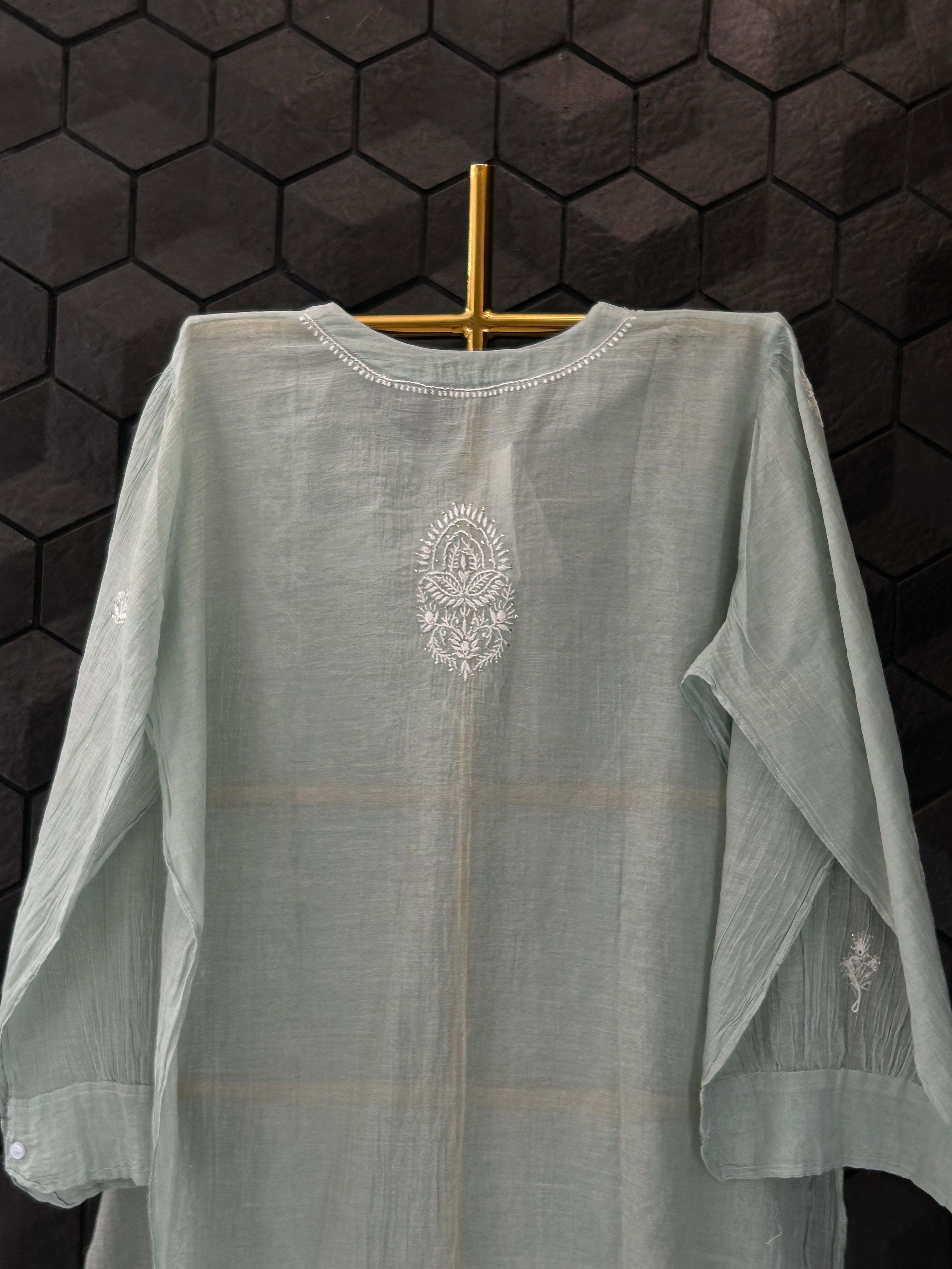 Sea Green Silver Tissue Mukaish Chikankari Co-ord sets