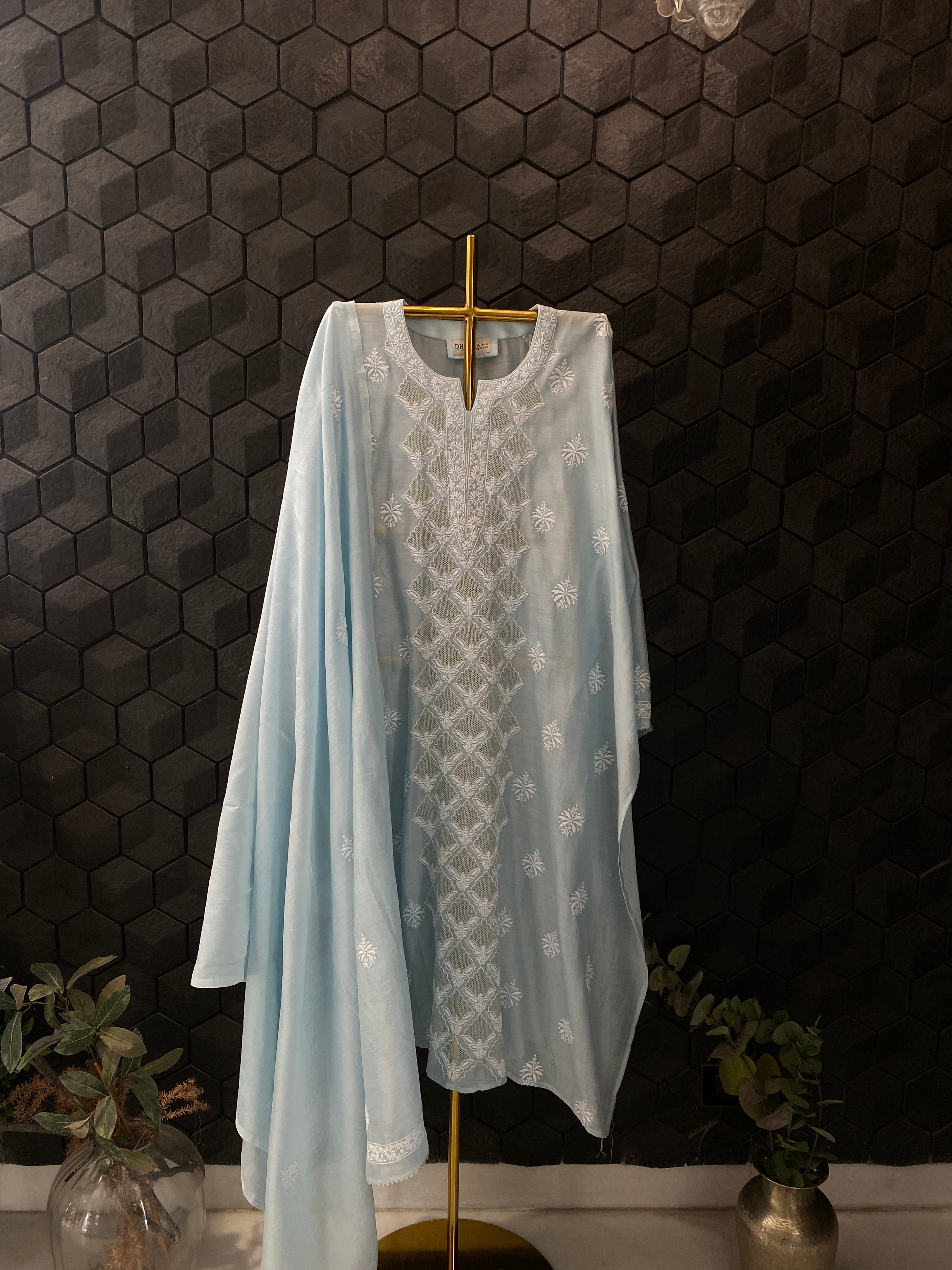 Sky Blue Chanderi Jaali Chikankari Kurta Set