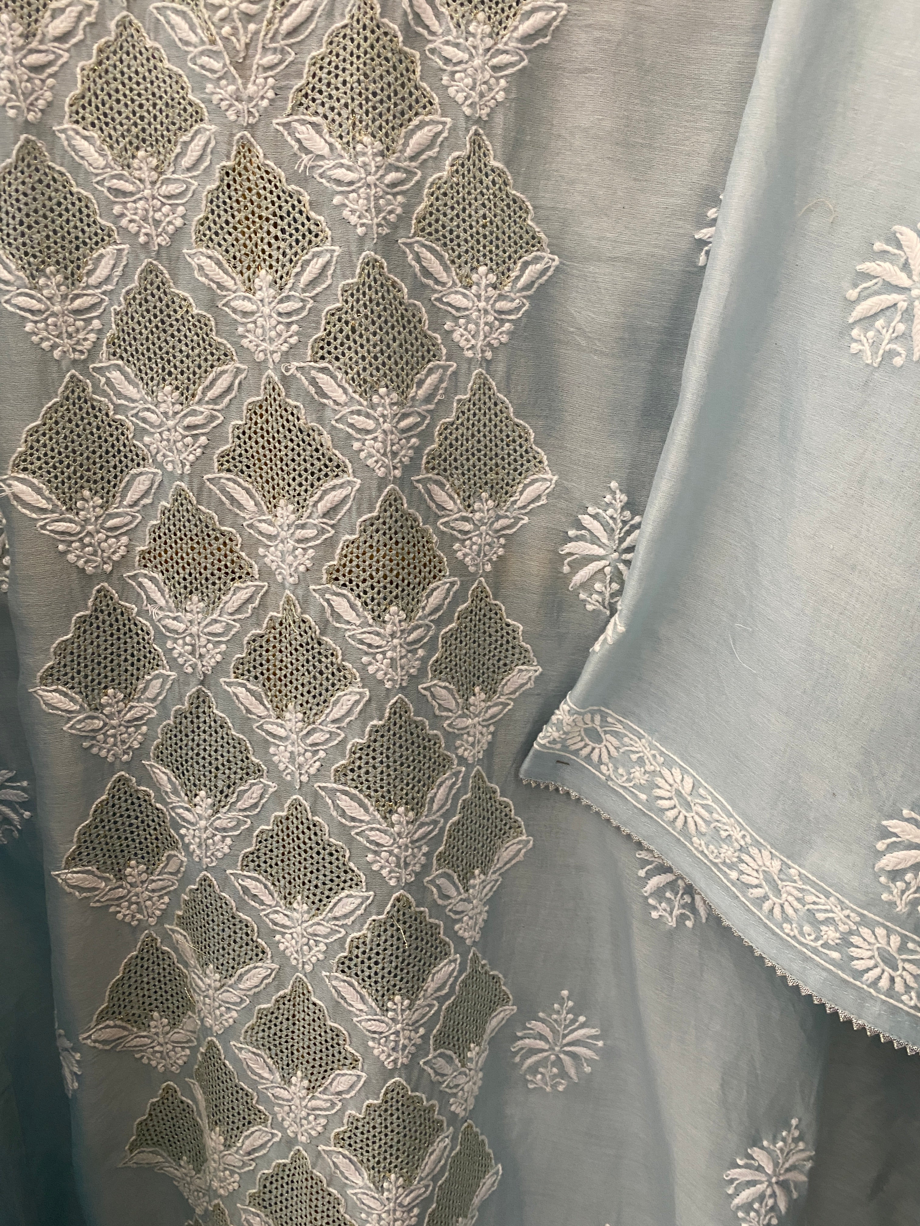 Sky Blue Chanderi Jaali Chikankari Kurta Set