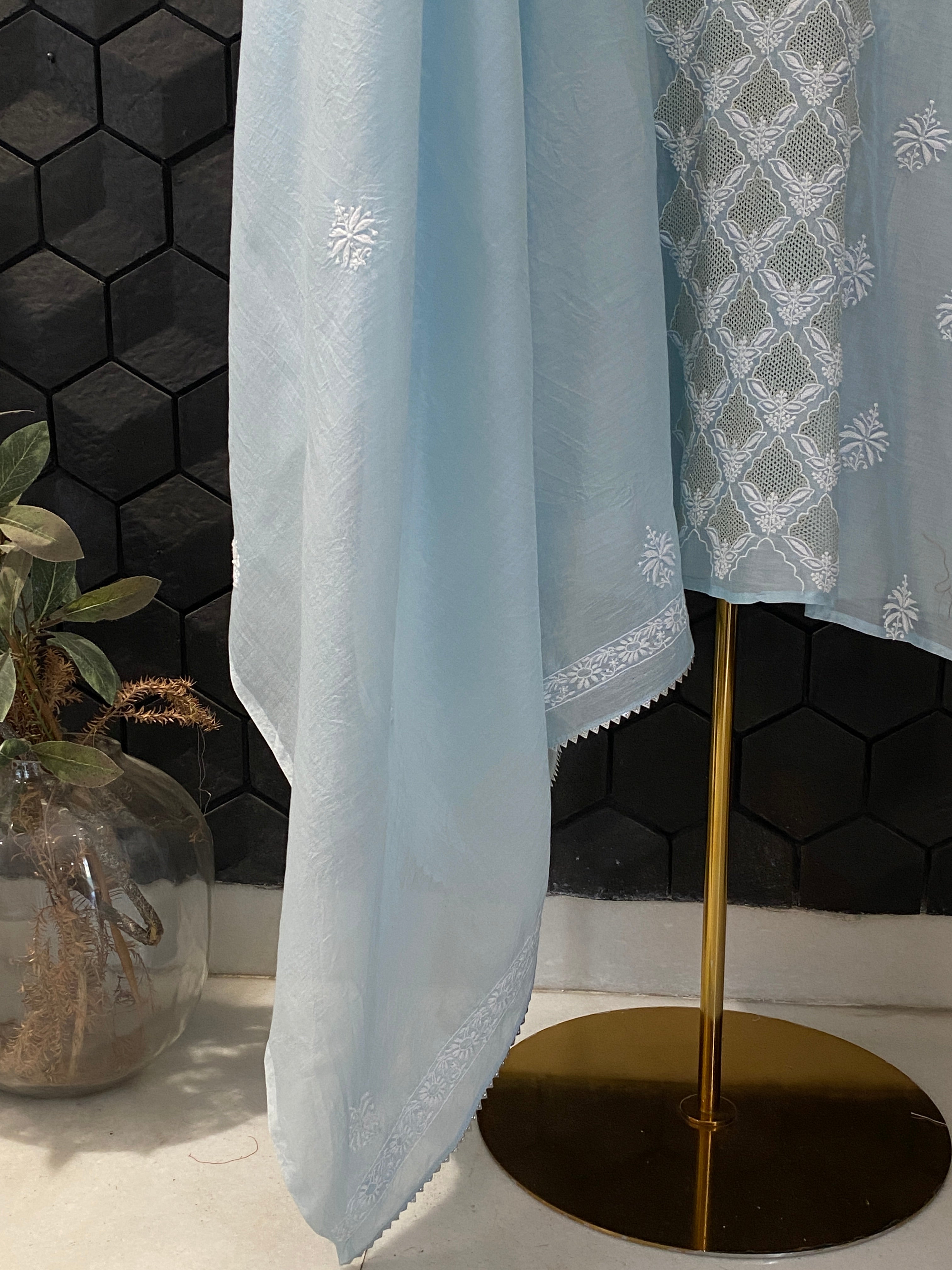 Sky Blue Chanderi Jaali Chikankari Kurta Set