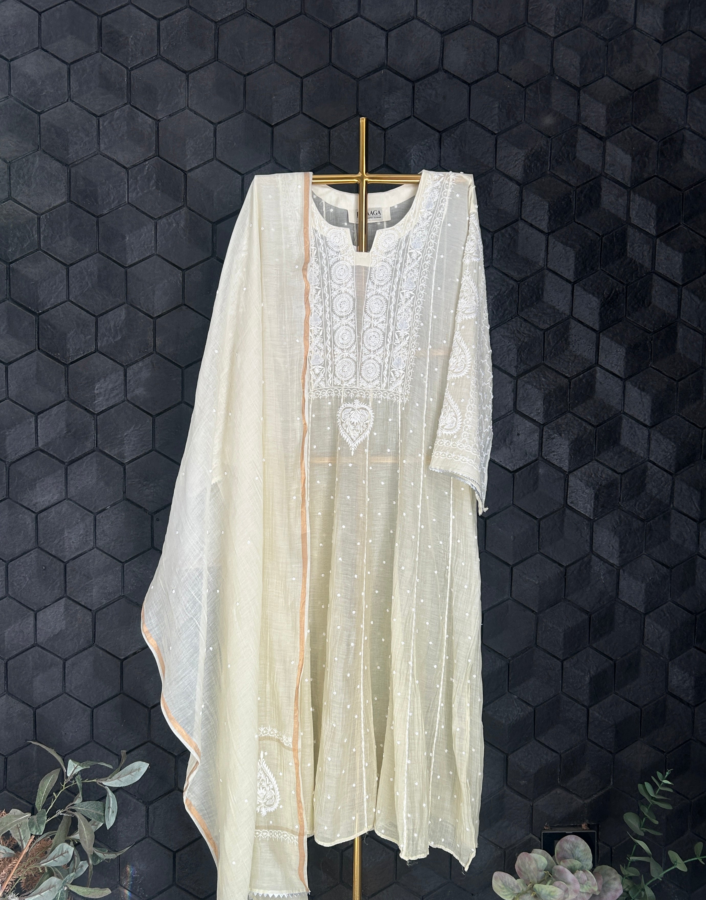 Yellow Mul Chanderi Chikankari Anarkali Set