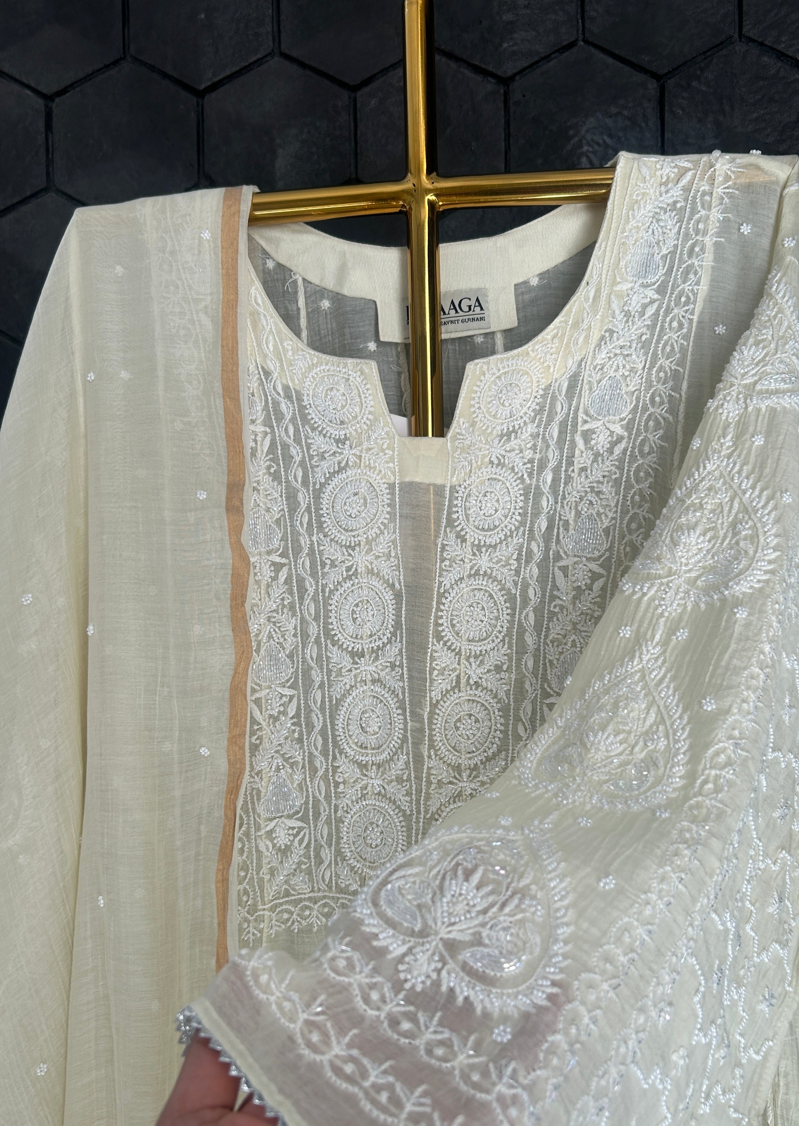 Yellow Mul Chanderi Chikankari Anarkali Set