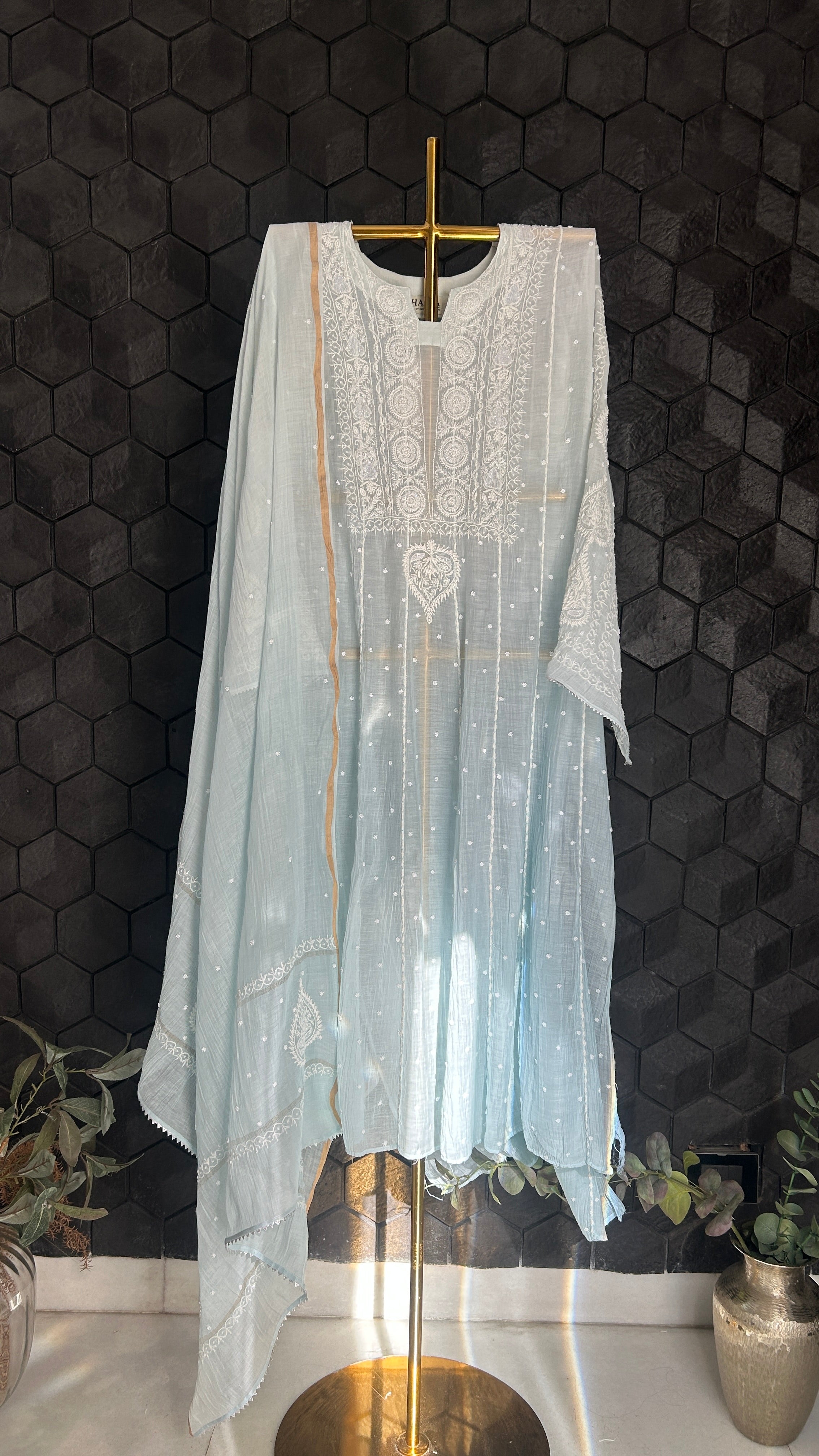 Sky Blue Mul Chanderi Chikankari Anarkali Set