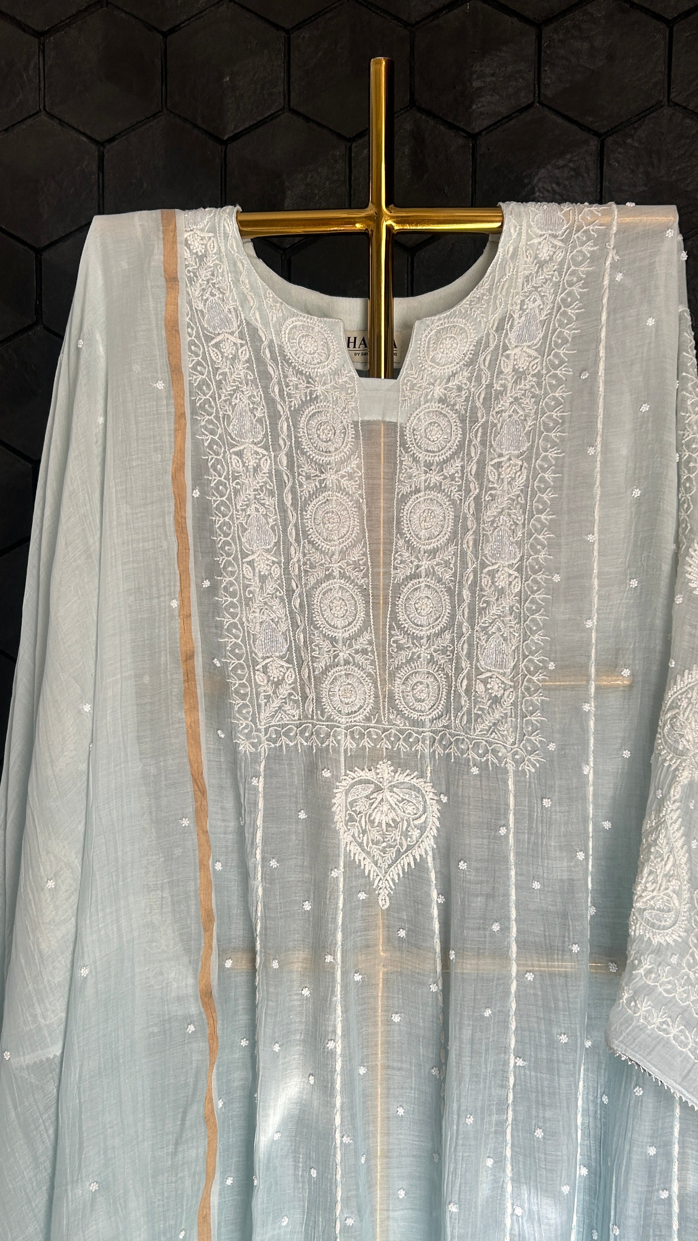 Sky Blue Mul Chanderi Chikankari Anarkali Set