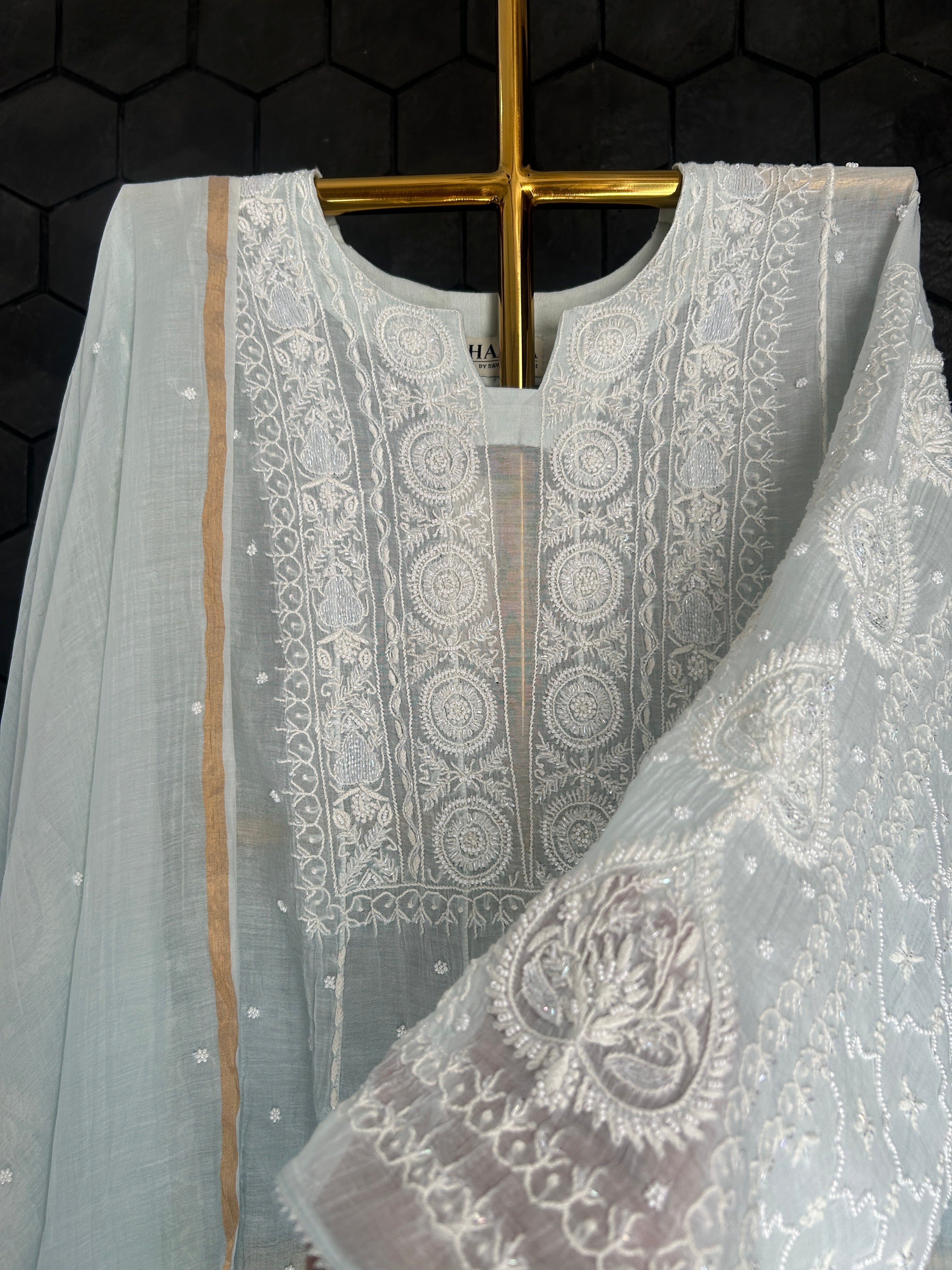 Sky Blue Mul Chanderi Chikankari Anarkali Set