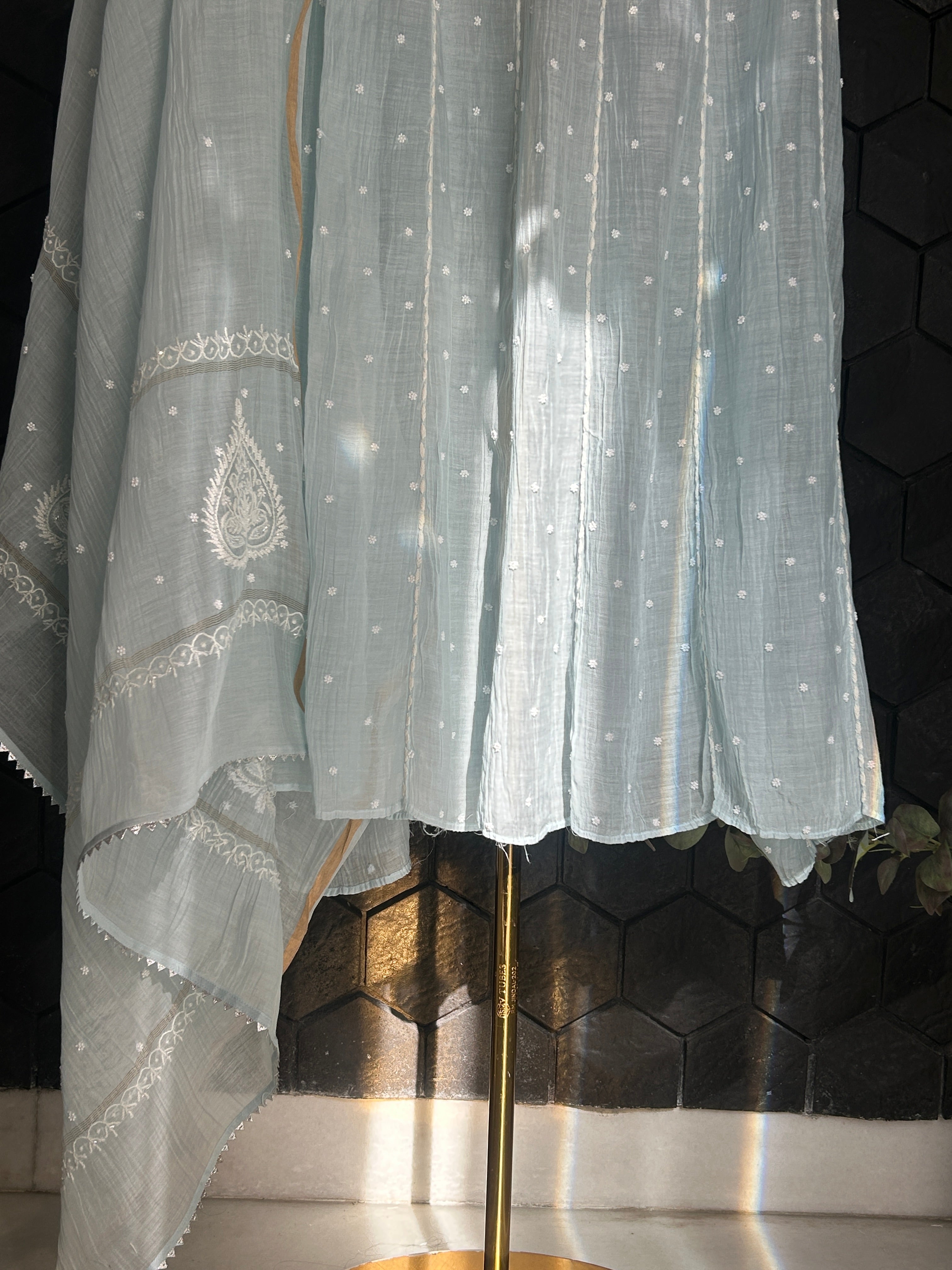 Sky Blue Mul Chanderi Chikankari Anarkali Set