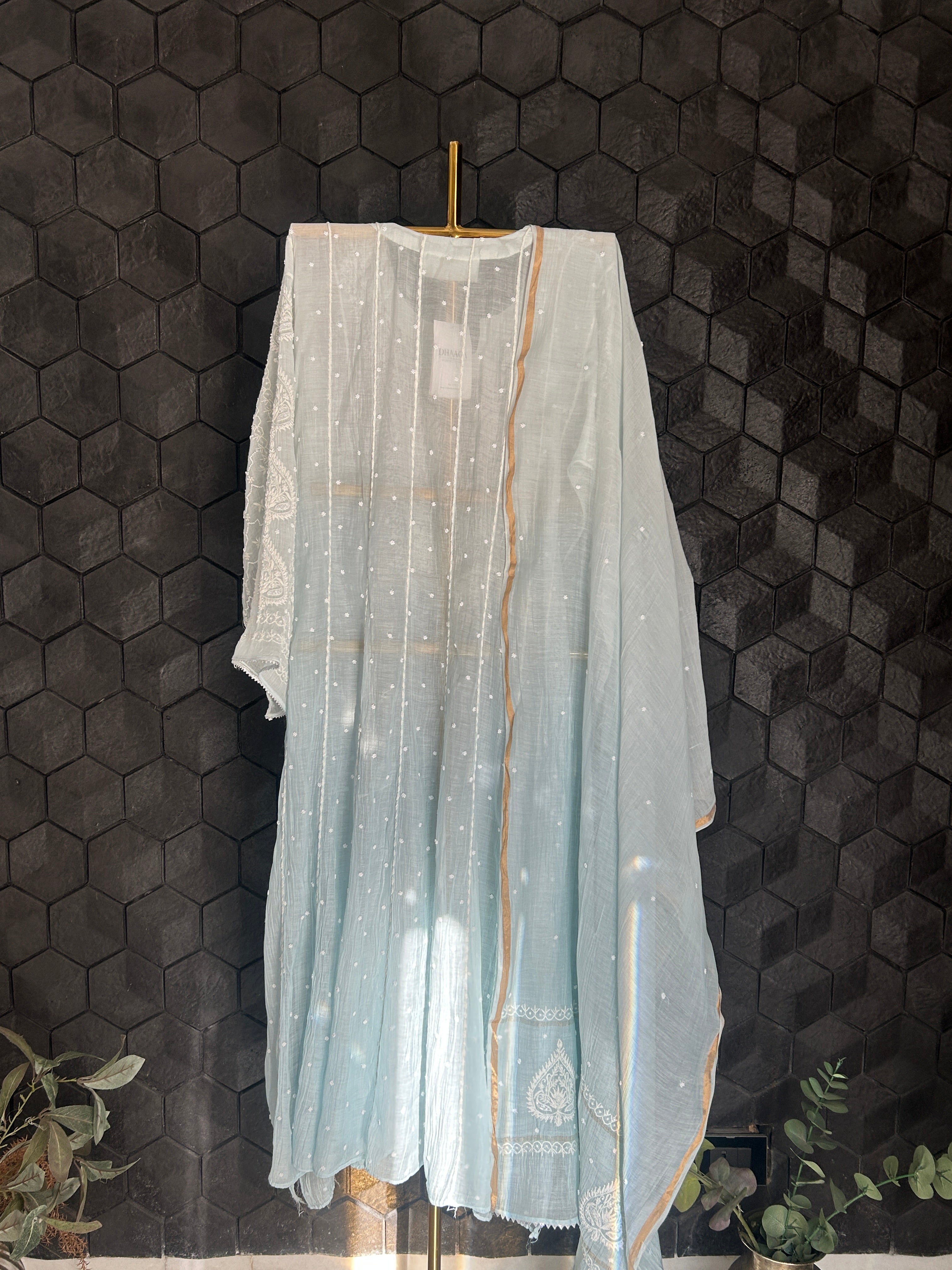 Sky Blue Mul Chanderi Chikankari Anarkali Set