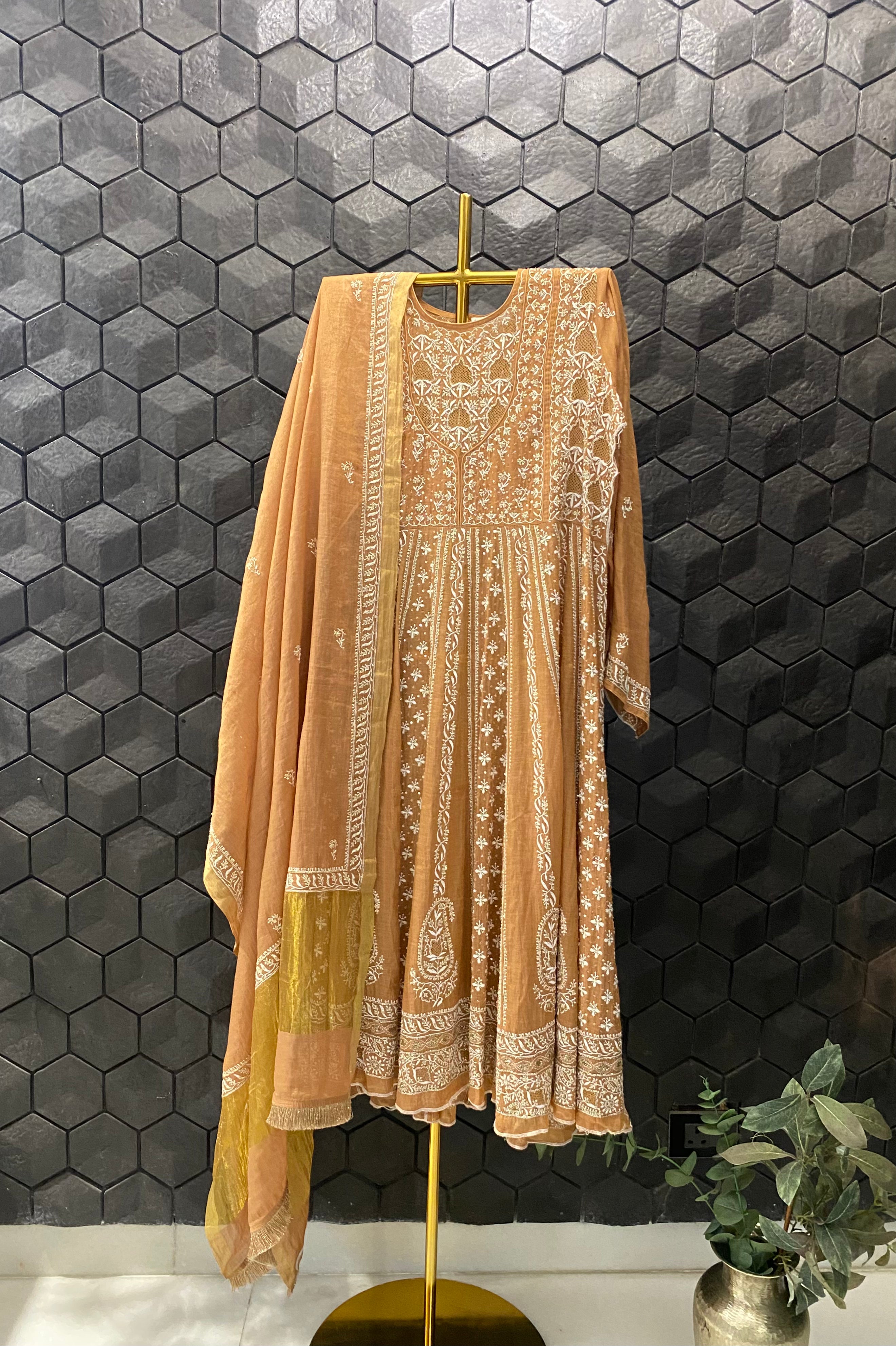 Rust Tissue Chikankari Anarkali Set