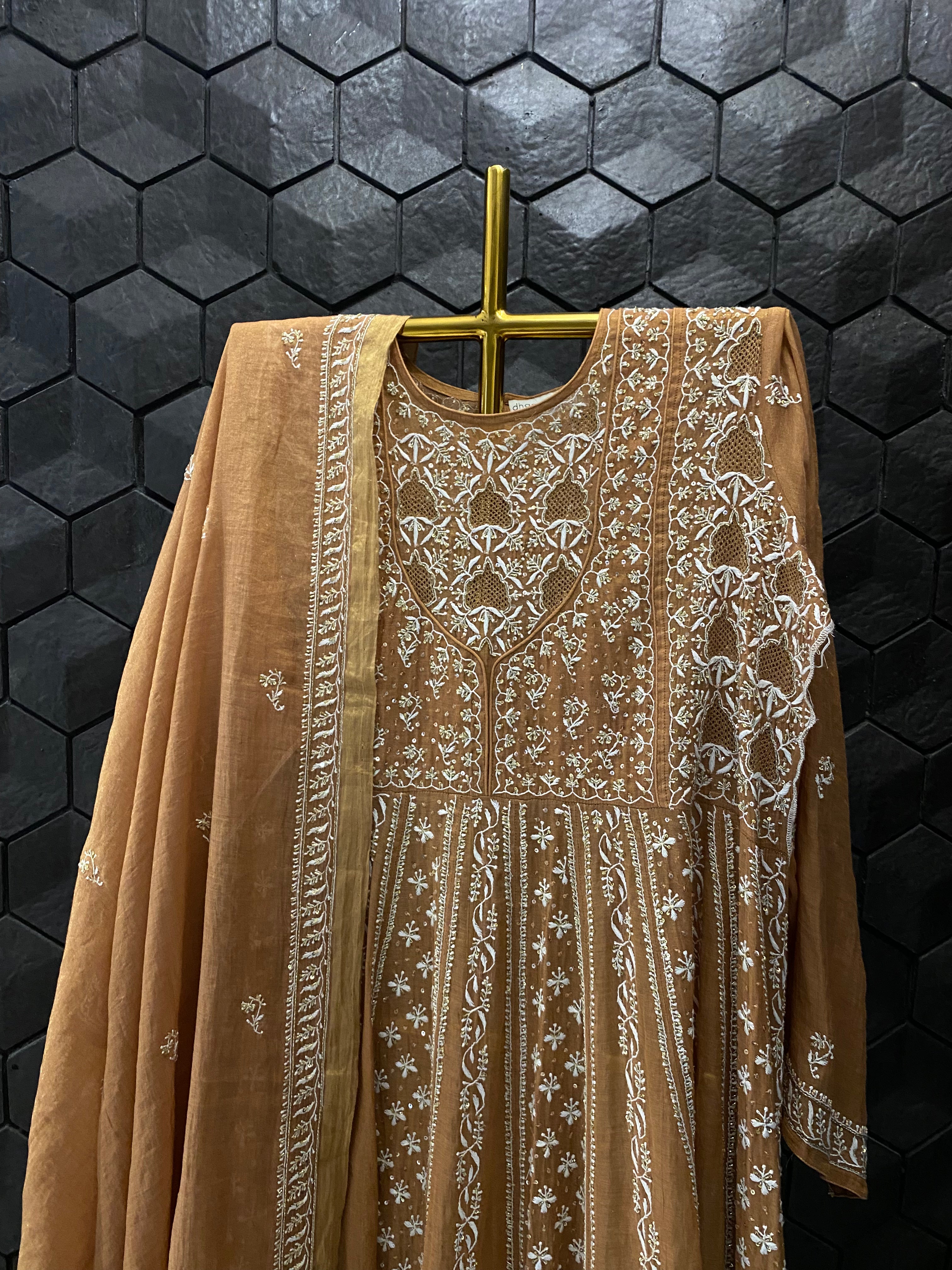 Rust Tissue Chikankari Anarkali Set