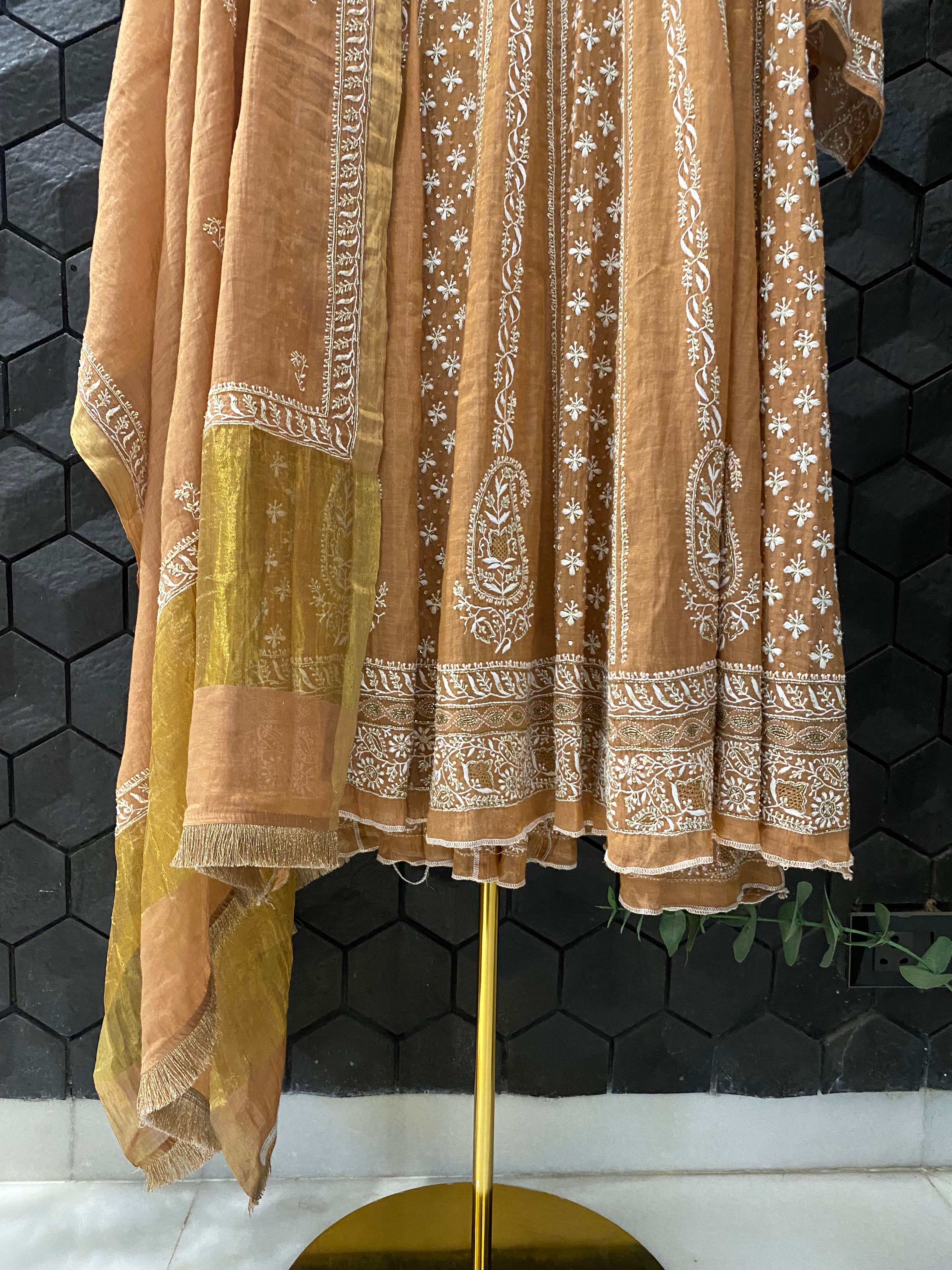 Rust Tissue Chikankari Anarkali Set
