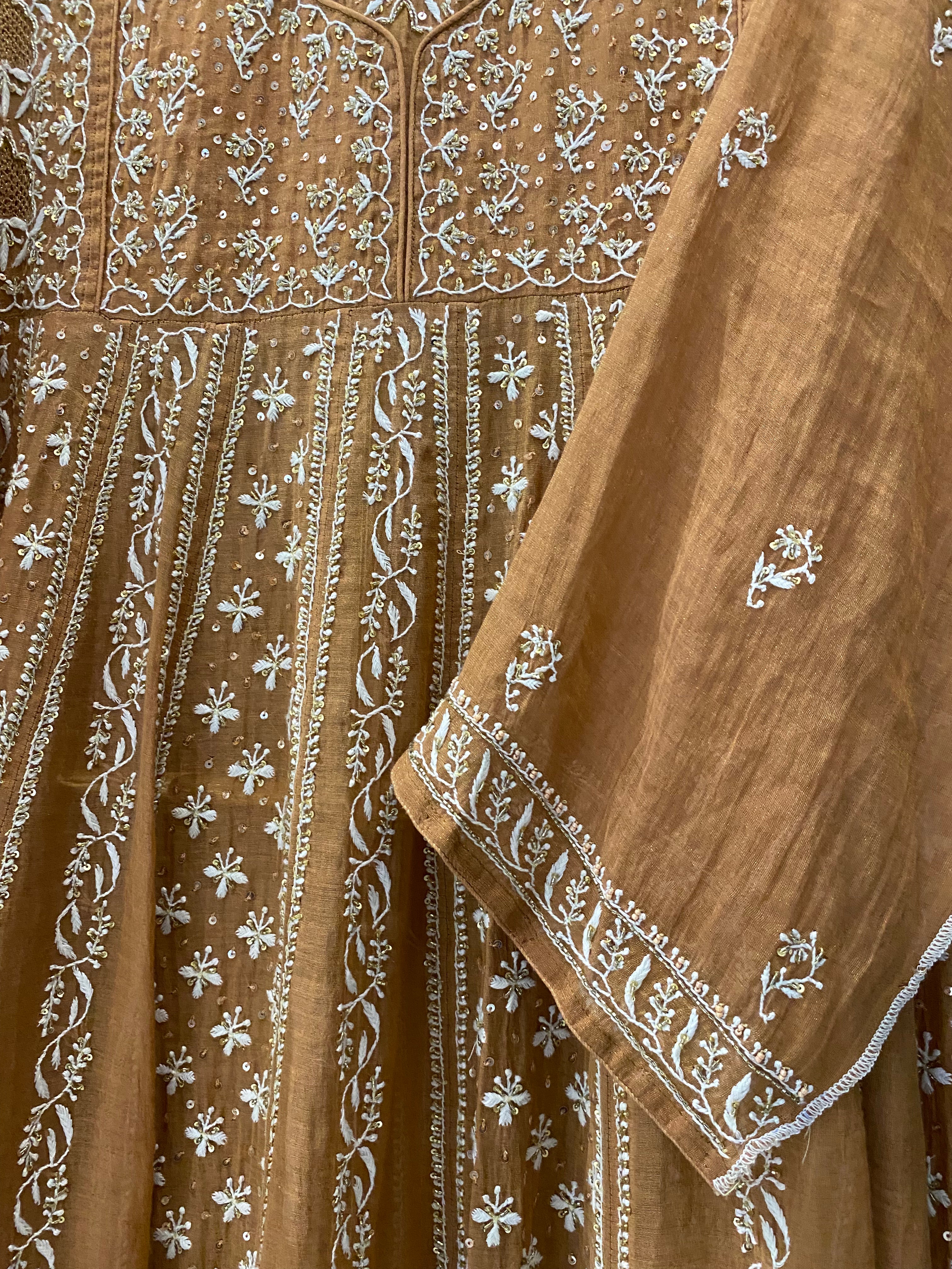 Rust Tissue Chikankari Anarkali Set