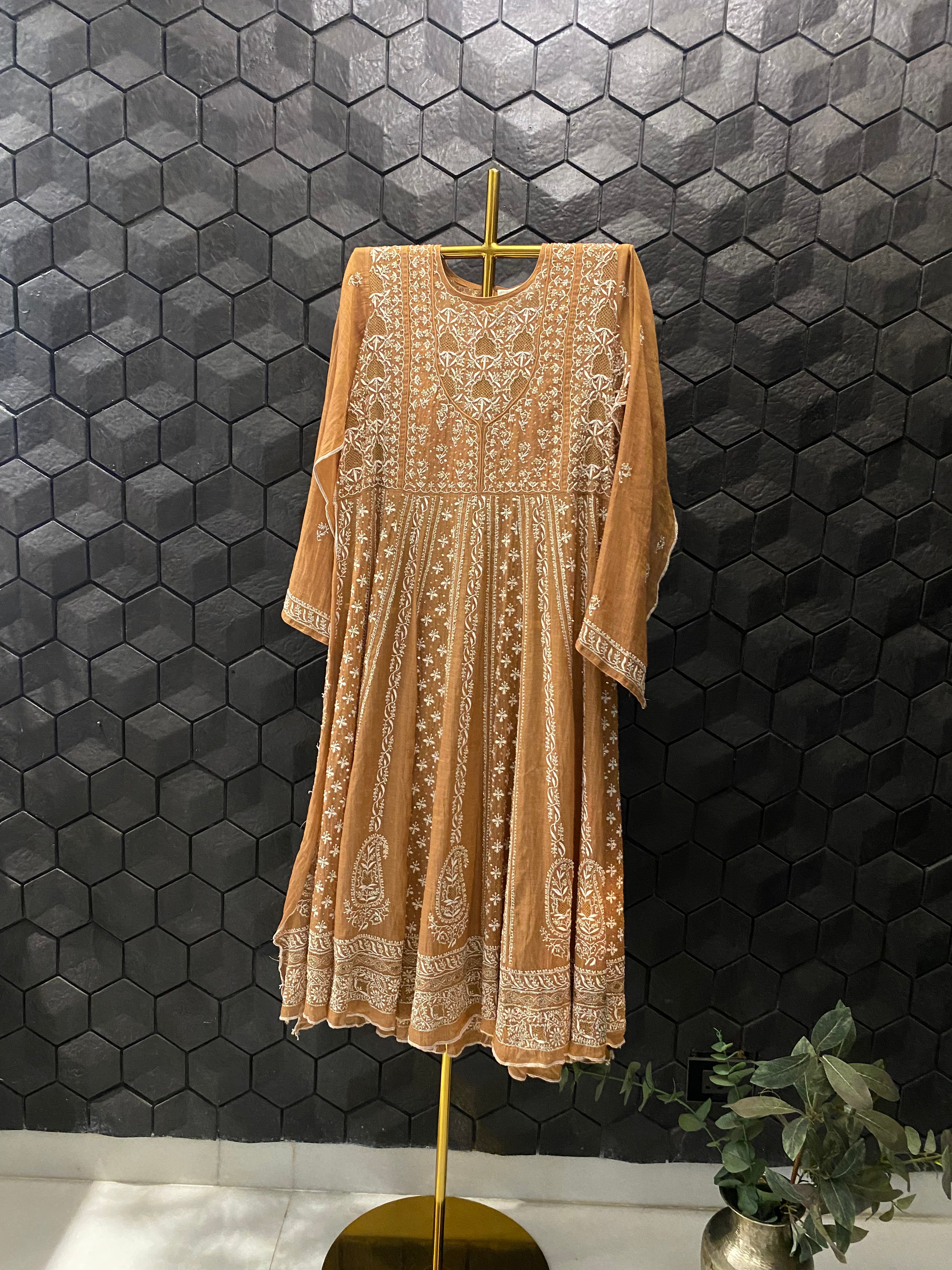 Rust Tissue Chikankari Anarkali Set