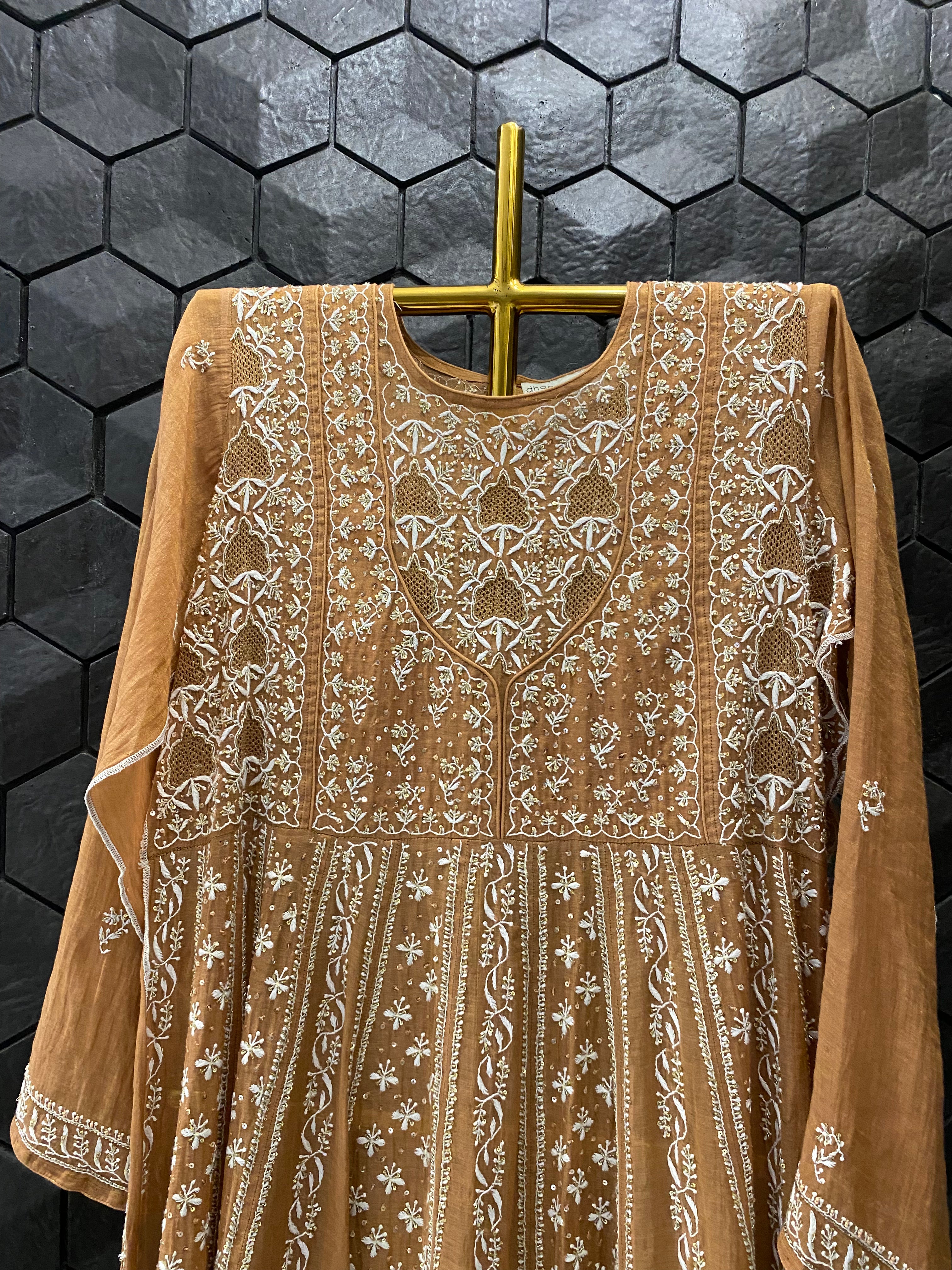 Rust Tissue Chikankari Anarkali Set