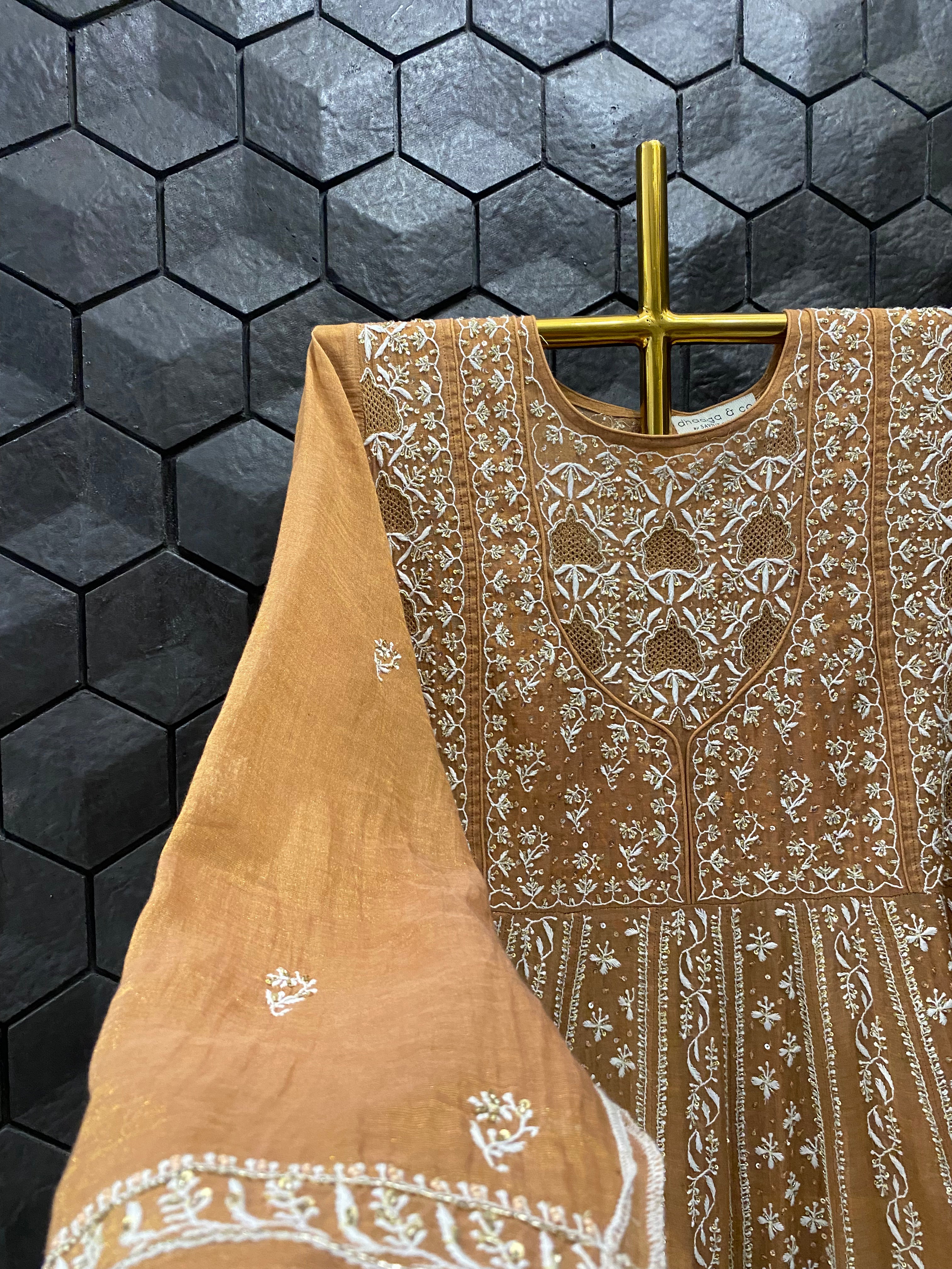 Rust Tissue Chikankari Anarkali Set