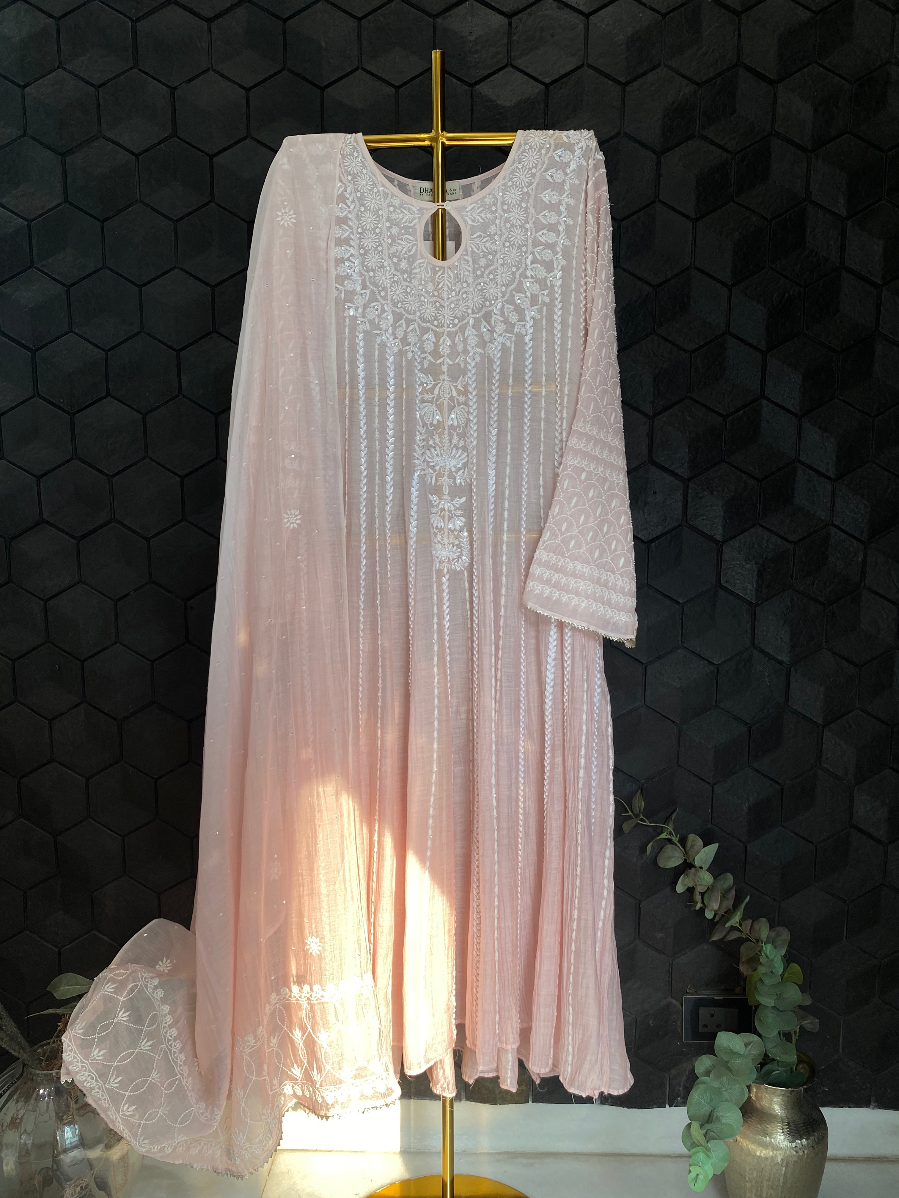 Pink Mul Chanderi Chikankari Anarkali Set