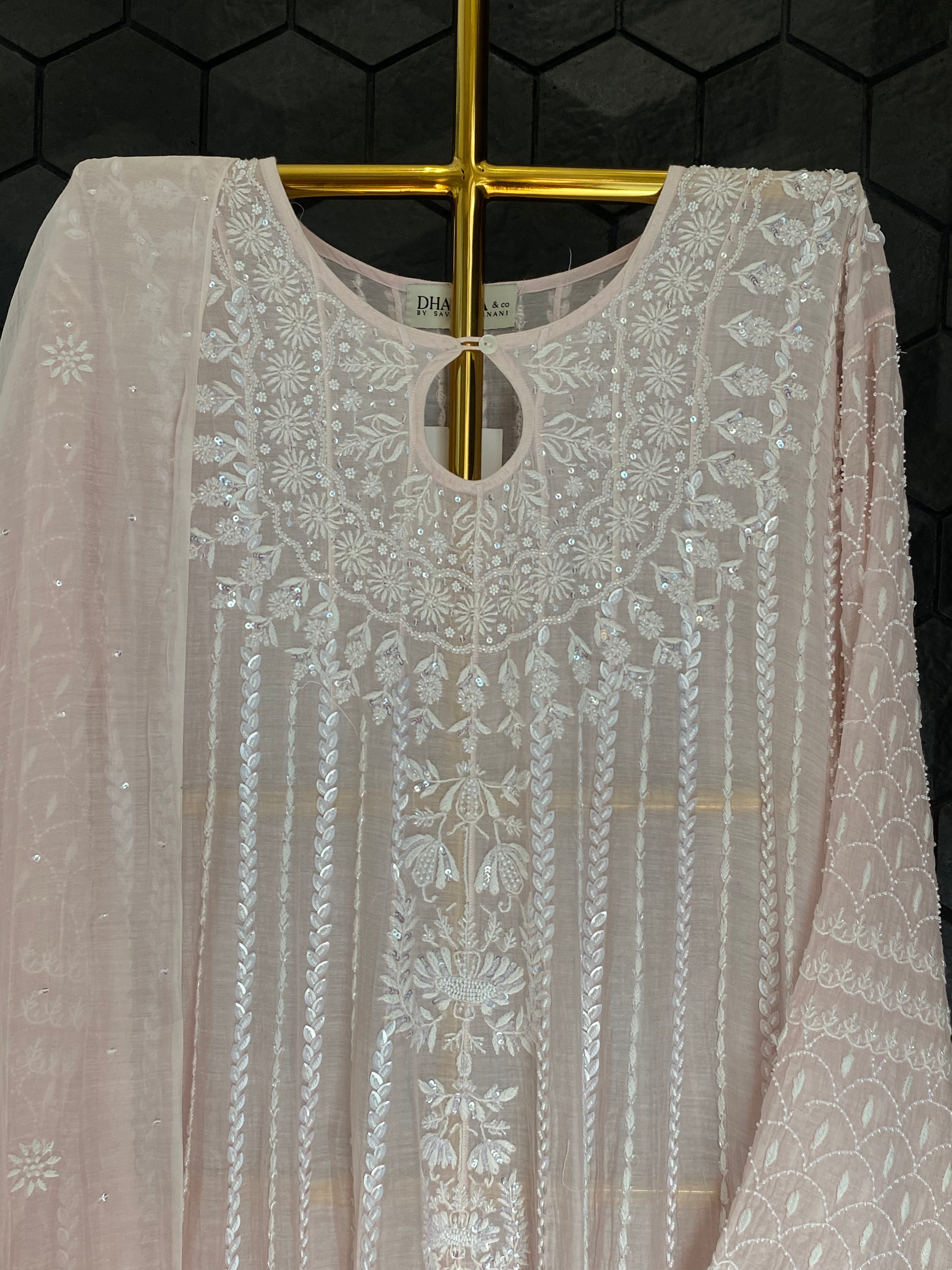 Pink Mul Chanderi Chikankari Anarkali Set